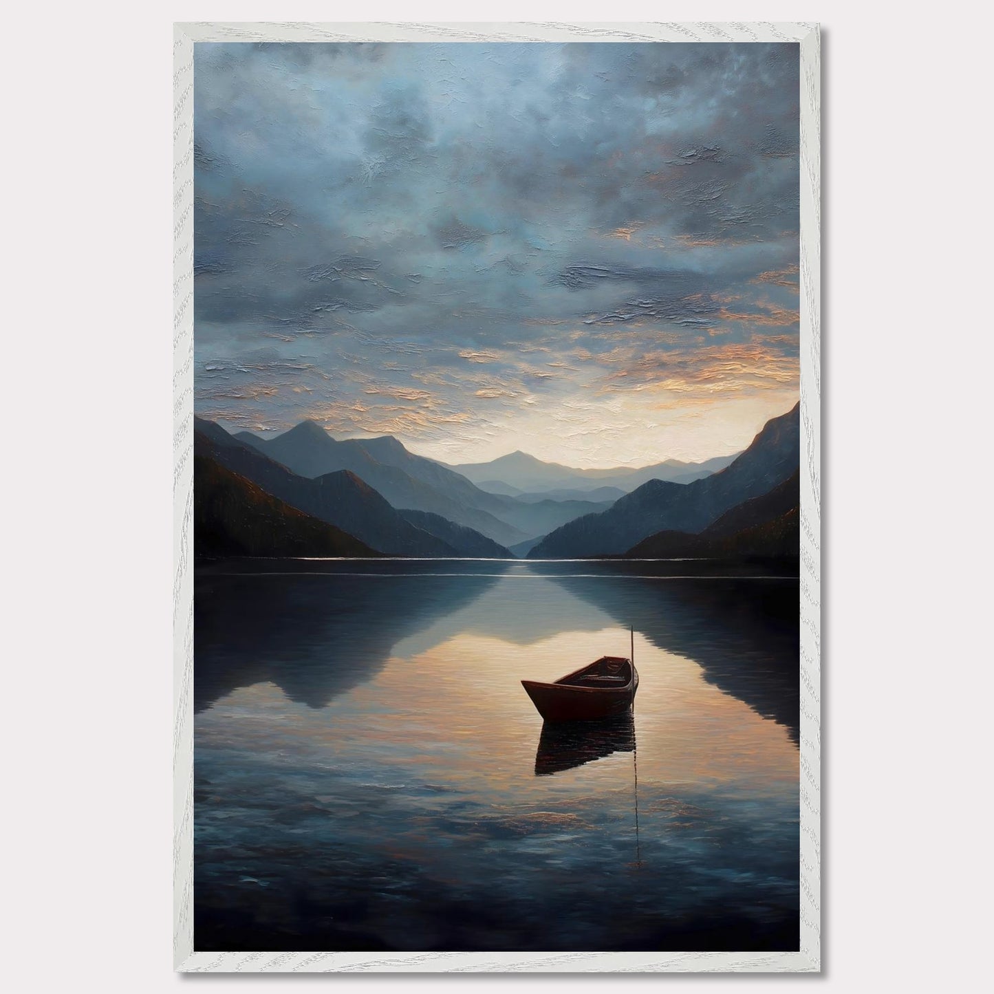 A single red boat floats gently on a vast, darkening lake as mountains fade into layered blues. The sunset brushes the clouds and water with soft amber and grey. A perfect study in stillness, solitude, and awe.