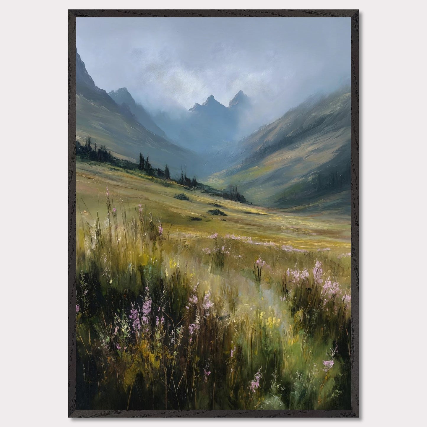A field of tall alpine grass and soft purple blooms unfolds into misty blue peaks. There's no sign of movement, only the gentle hush of nature breathing. The scene is vast, untamed, and filled with the quiet promise of summer in the highlands.