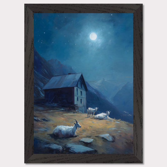 Under a deep blue sky scattered with stars, a mountain slope glows with soft amber light. Goats roam quietly near a rustic alpine hut. This is a portrait of calm routine under a grand sky — both humble and cosmic.