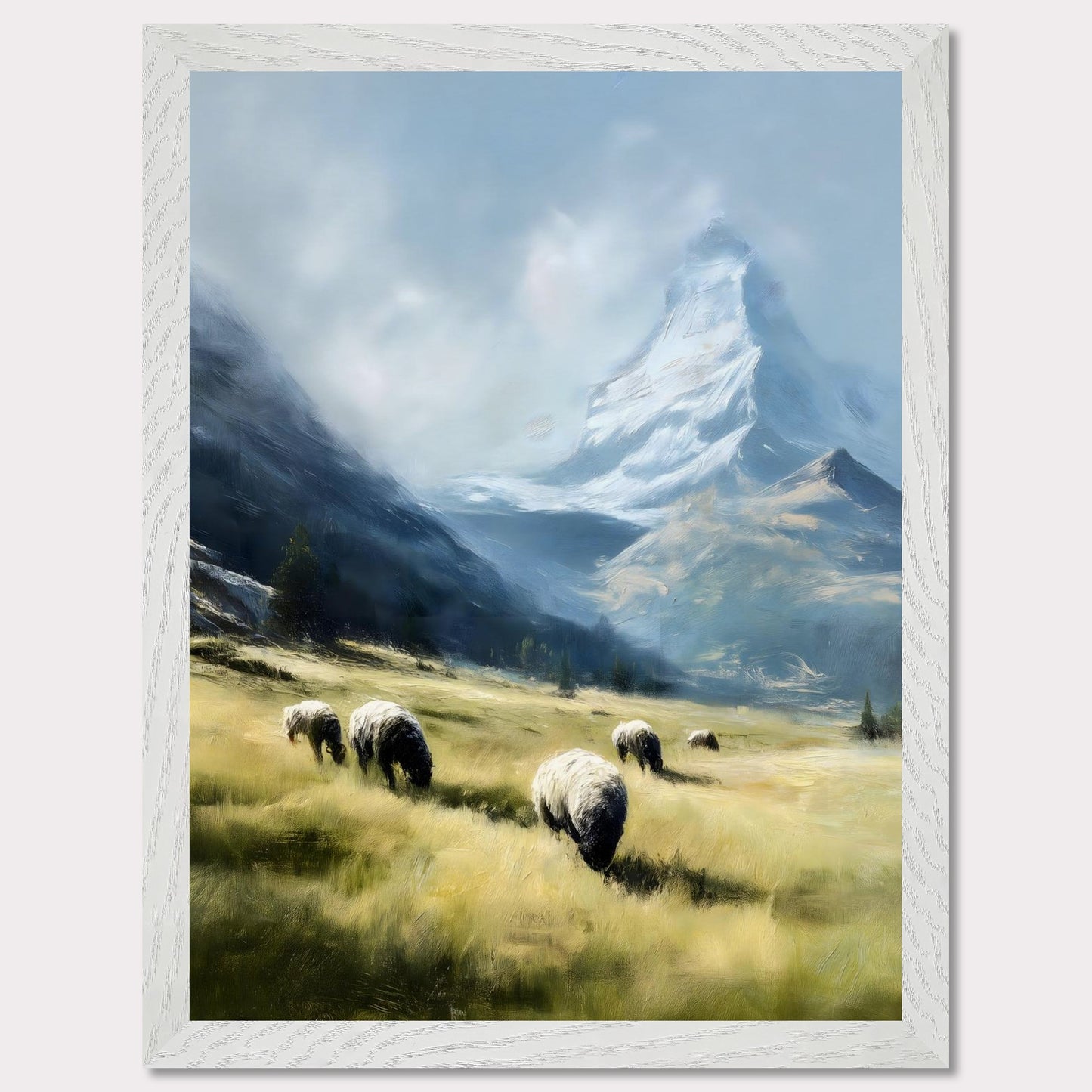 In the shadow of the Matterhorn, sheep graze peacefully on sunlit fields. This pastoral scene blends the grandeur of the Alps with the charm of rural life. The softness of the animals and golden grass contrasts beautifully with the snow-covered majesty above.