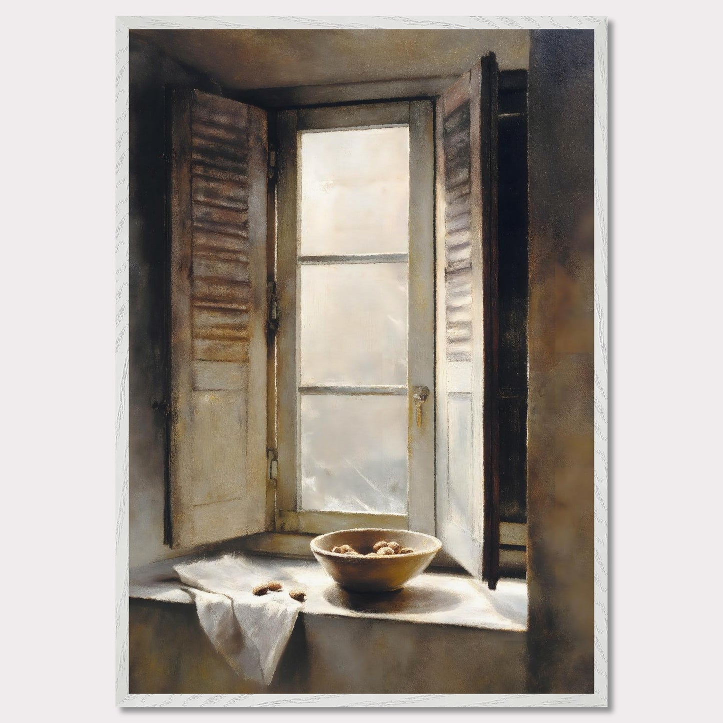 Golden light streams through an old shuttered window, catching the edge of a ceramic bowl filled with walnuts. A linen cloth rests gently nearby, suggesting quiet hands and slow mornings. This image is domestic poetry — a tribute to texture, stillness, and time.