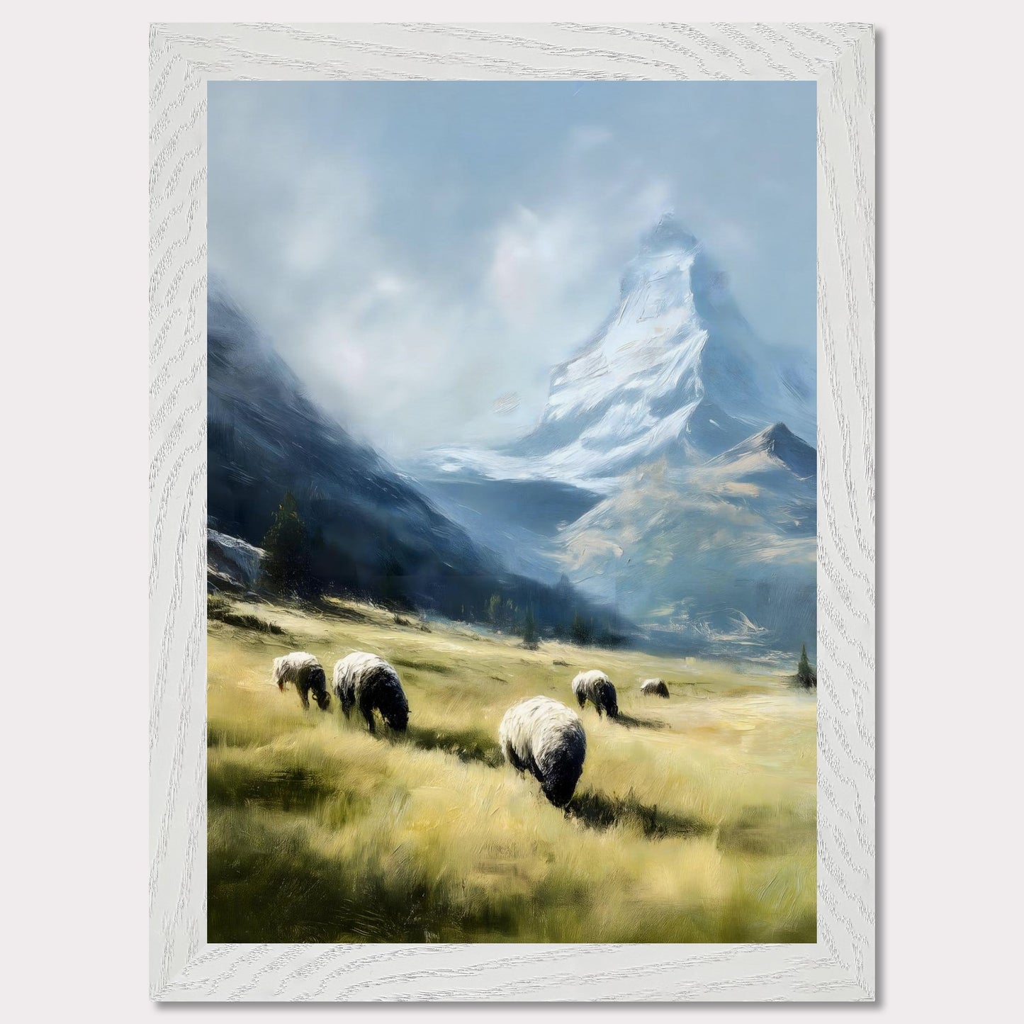 In the shadow of the Matterhorn, sheep graze peacefully on sunlit fields. This pastoral scene blends the grandeur of the Alps with the charm of rural life. The softness of the animals and golden grass contrasts beautifully with the snow-covered majesty above.