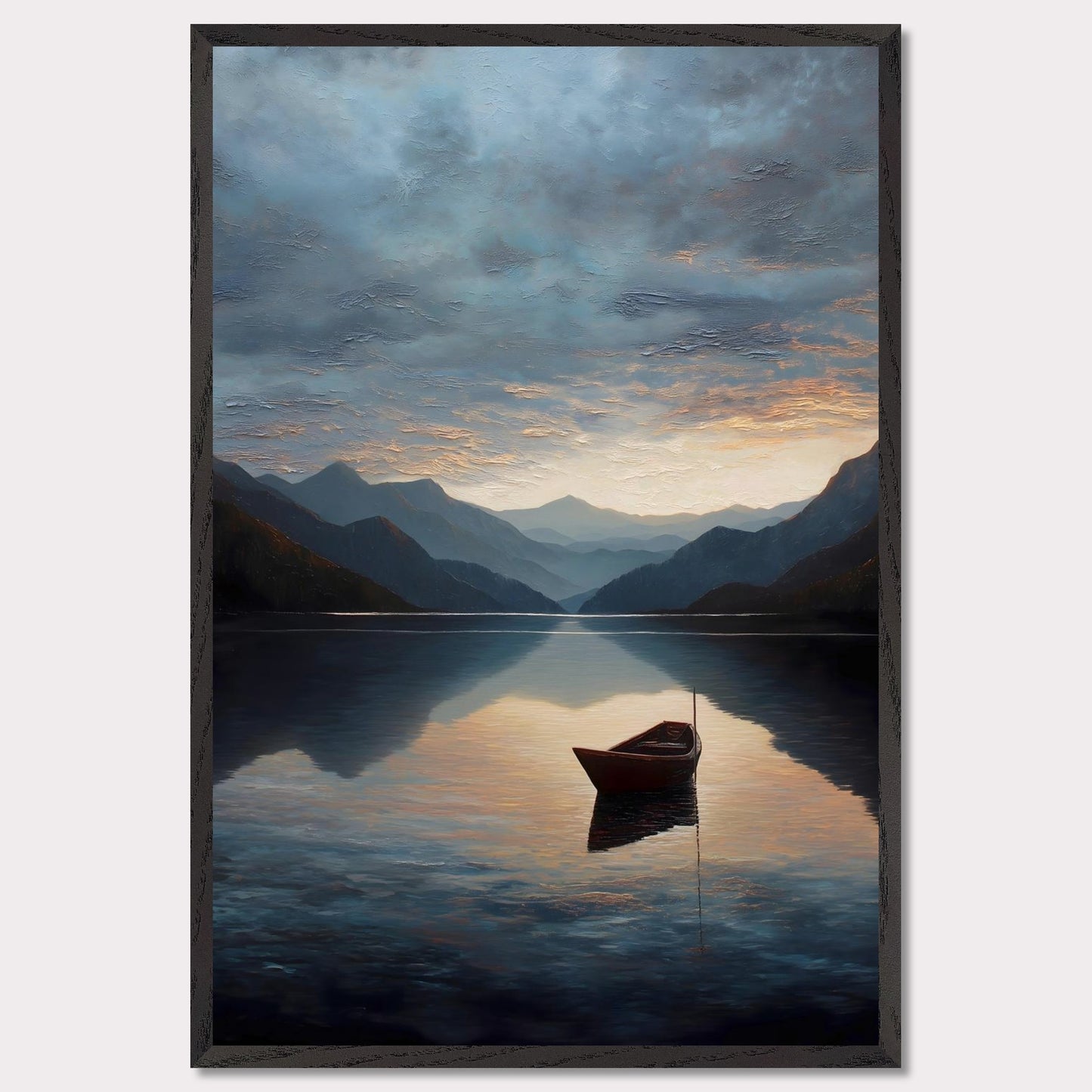 A single red boat floats gently on a vast, darkening lake as mountains fade into layered blues. The sunset brushes the clouds and water with soft amber and grey. A perfect study in stillness, solitude, and awe.