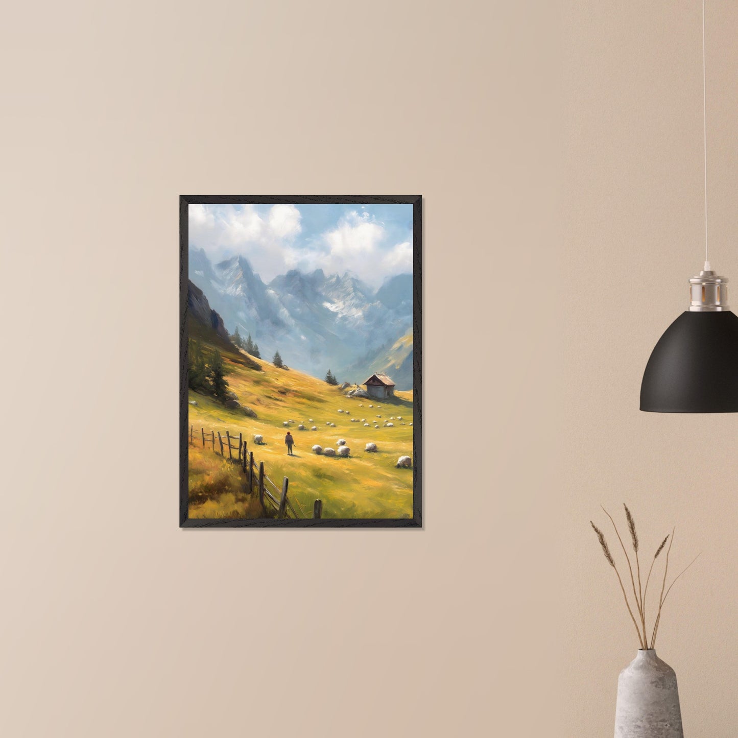 A shepherd tends his flock in a golden mountain pasture, surrounded by dramatic peaks and old-world charm. The wooden fence and cabin speak of a slower, enduring lifestyle. Bathed in warm light, this image transports viewers to a timeless Alpine morning.