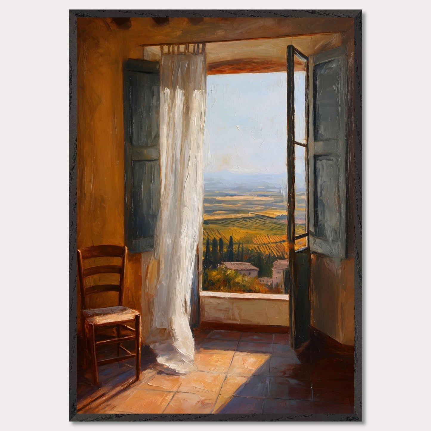 A sheer curtain lifts in warm air as golden vineyards unfold beneath a terracotta sill. A simple wooden chair waits in sunlit silence. This image is a breath of stillness, an ode to rhythm, warmth, and space.