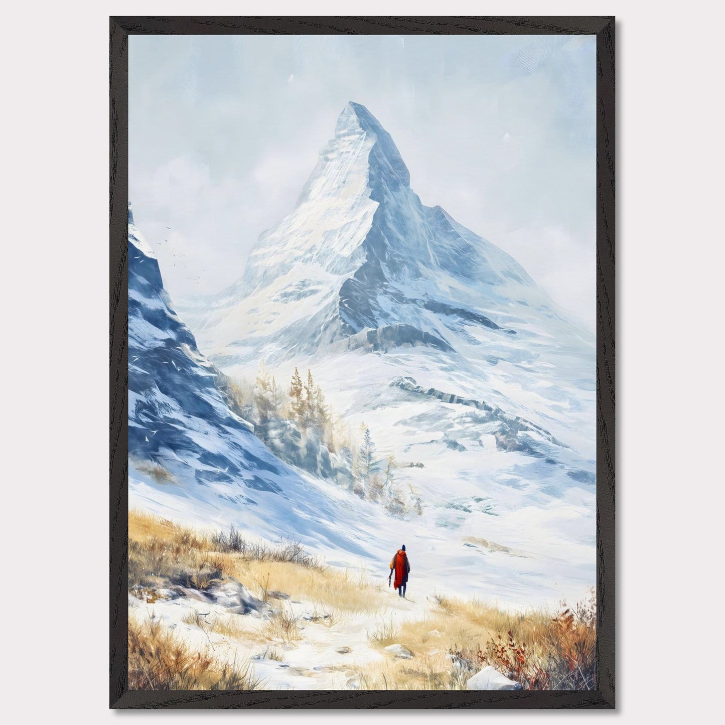 A solitary traveler in red walks toward a towering alpine peak, its icy edges kissed by winter sun. The snow-laced slope opens to a vast, crystalline silence, where motion feels reverent. This image captures the awe of ascent — a tribute to scale, solitude, and stillness.