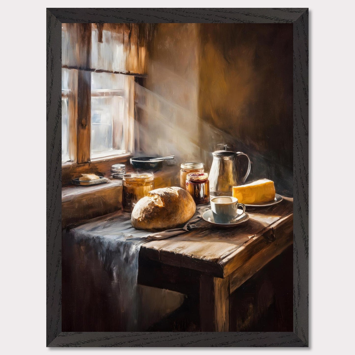 A shaft of morning light breaks across an old table set for one: bread, coffee, and preserves. The cloth catches its edge. This image is a sacred quiet, an ode to morning solitude and sun.