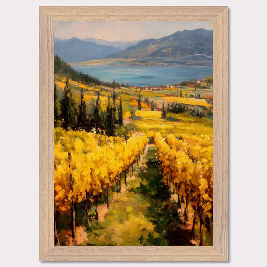 A row of sunlit grapevines leads into rolling fields above the lake. Cypress trees and red roofs add rhythm to the patchwork. This image is a painter’s geometry, an ode to land, season, and order.