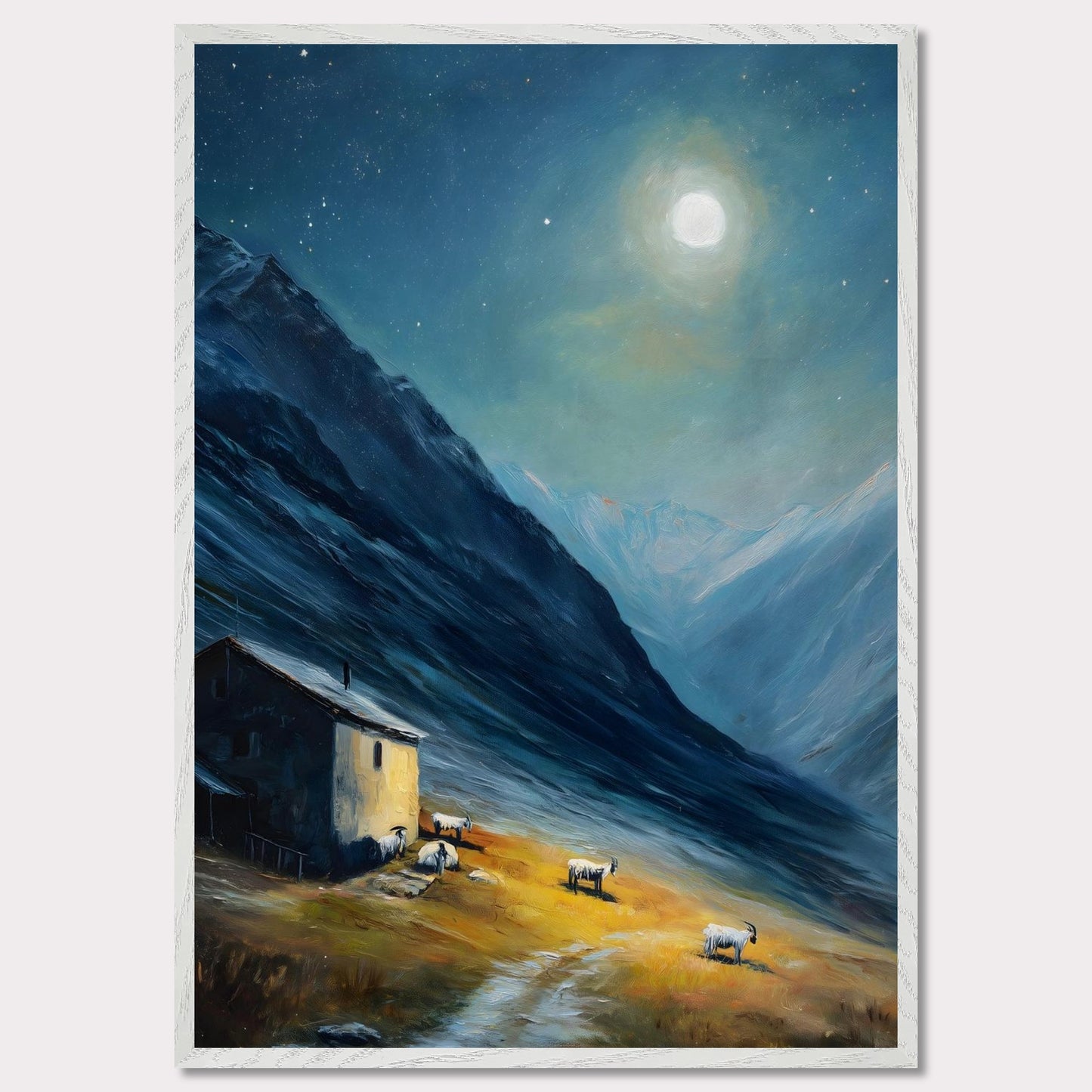 Nestled between dramatic cliffs, a single farmhouse glows under a sky heavy with storm and sun. The valley holds its breath — clouds swirl above while the earth remains grounded, golden, and still. This is a refuge at the edge of wildness.
