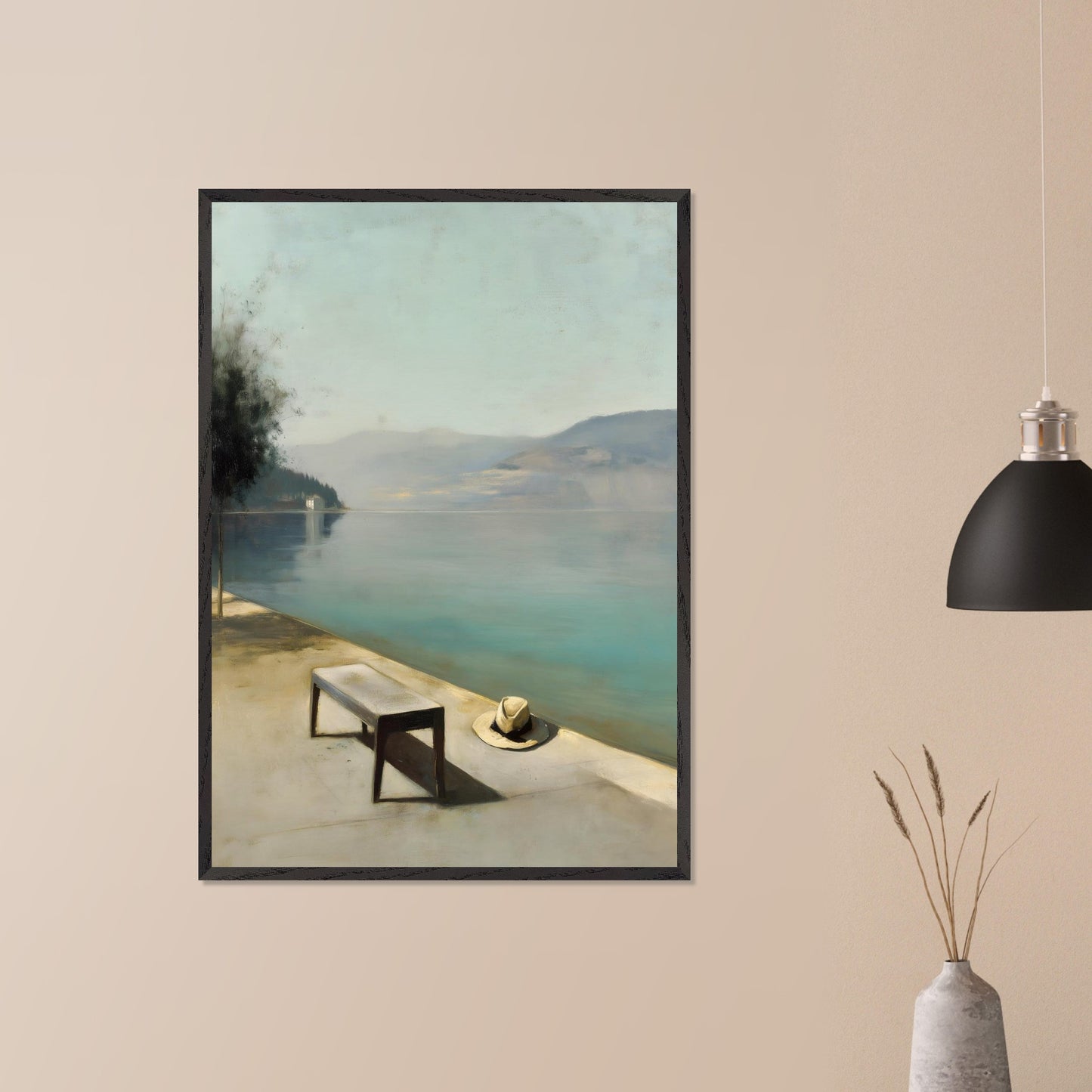 A hat rests beside a bench, left behind or waiting. The water lies smooth as glass, fading into soft mountains and a pale, endless sky. Everything stands still — as if the world paused for breath.