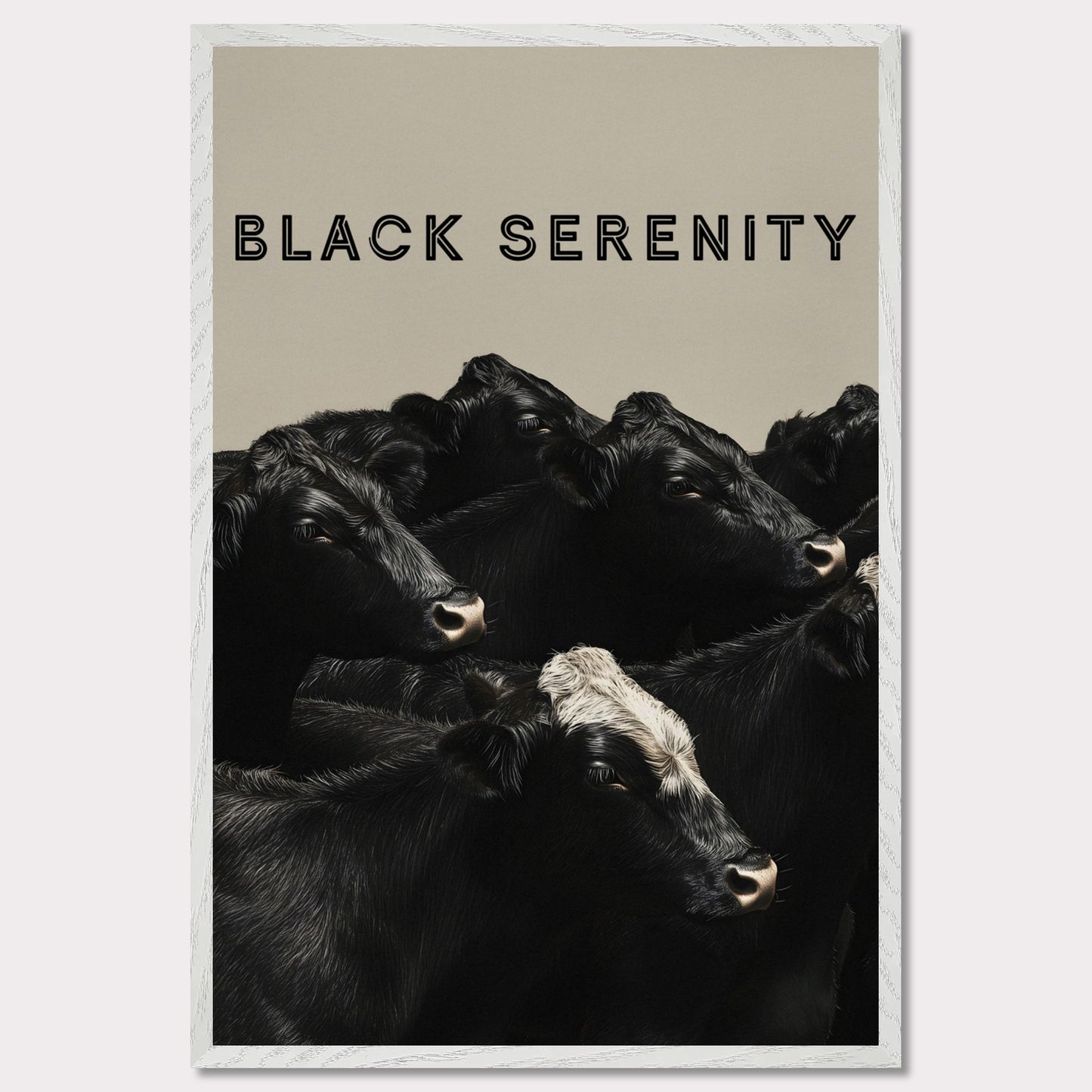 This image showcases a serene group of black cows, with one cow featuring a distinctive white marking on its head. The title "BLACK SERENITY" is prominently displayed at the top, emphasizing the calm and peaceful nature of the scene.