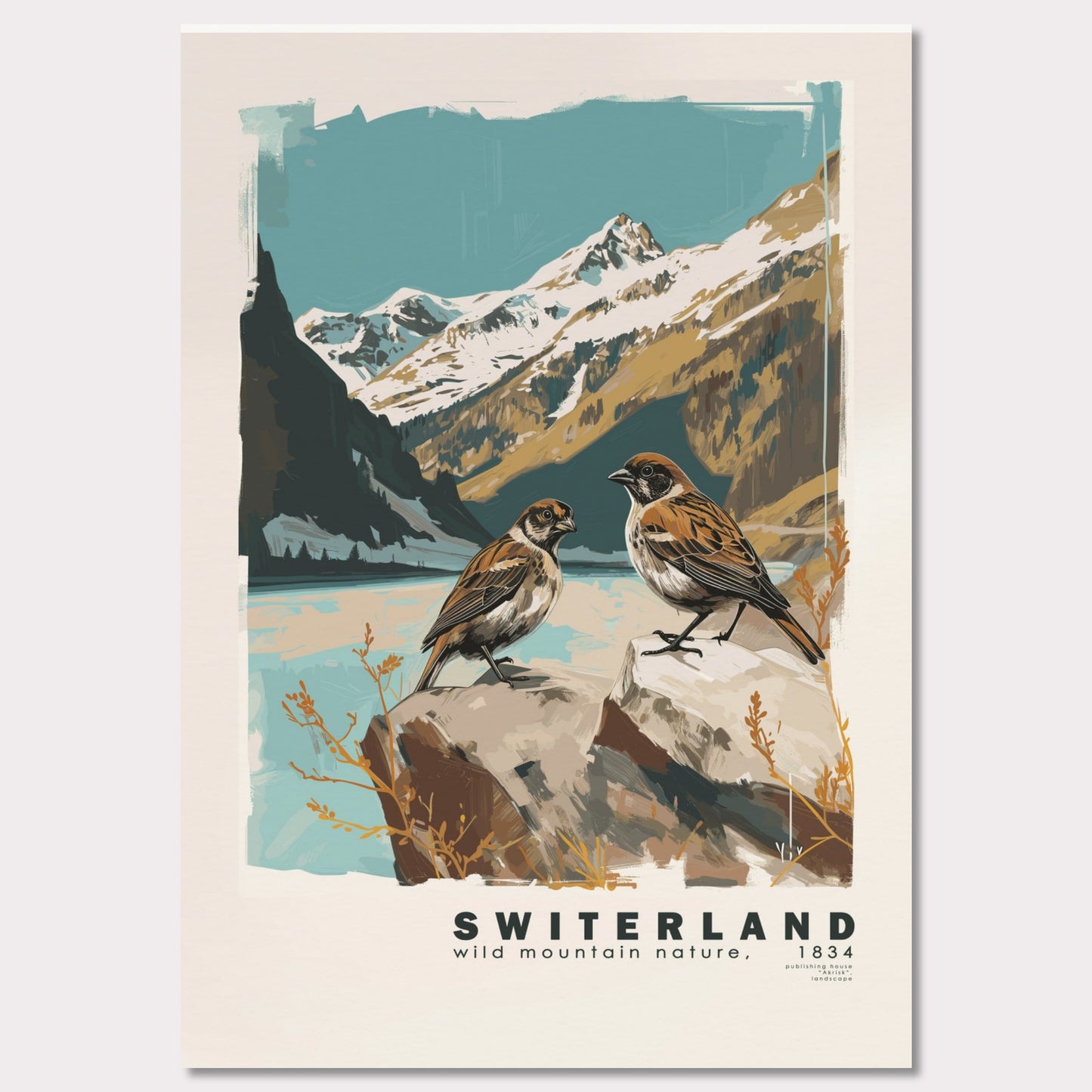 Poster titled 'Swiss Landscape with Birds Poster' from ArtDarts