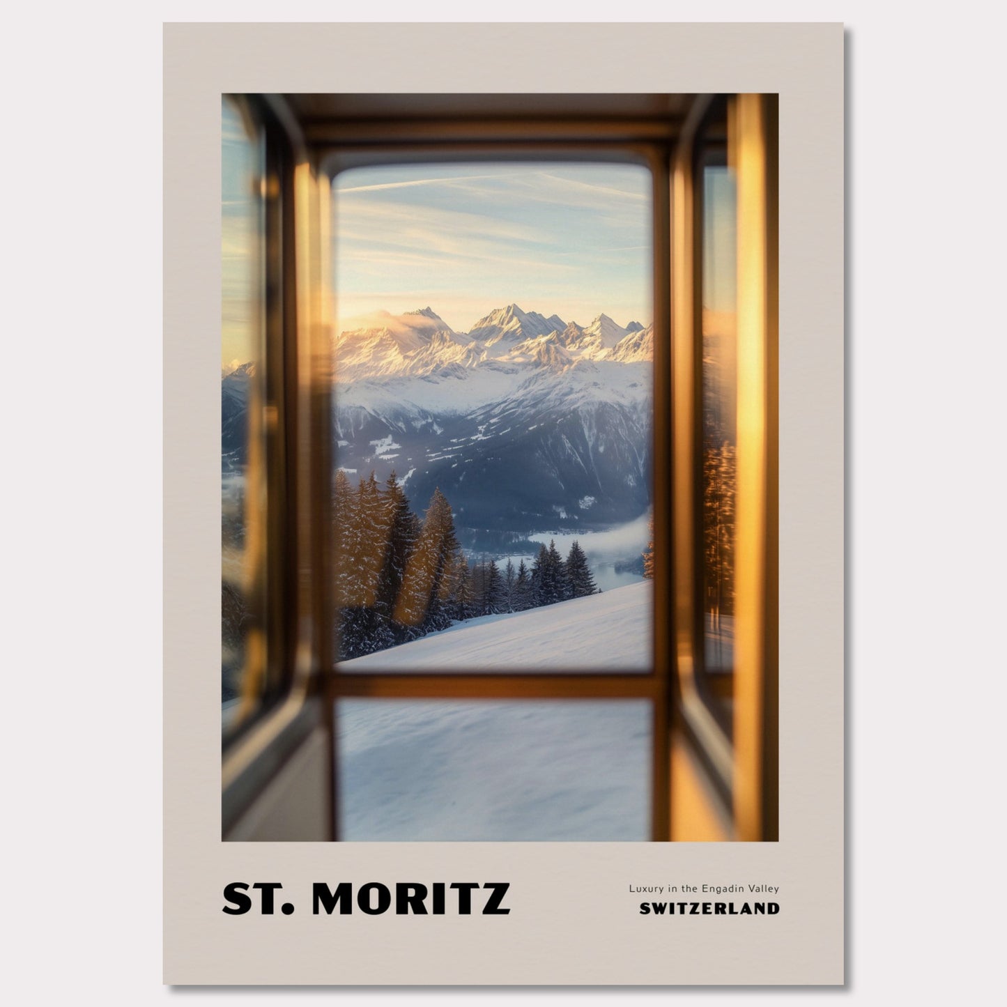 Poster titled 'ST. MORITZ. Luxury in the Engadin Valley' from ArtDarts