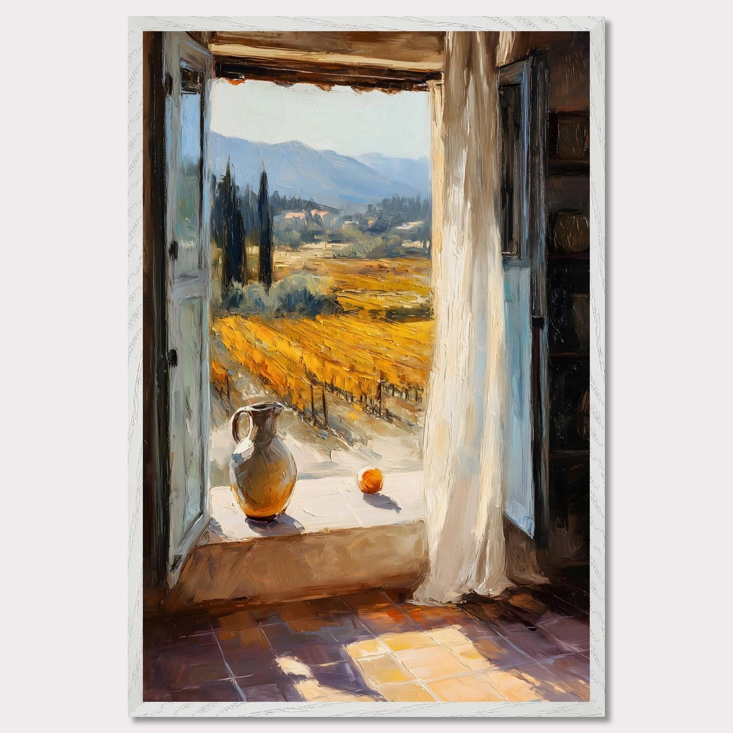 An open shutter reveals golden rows of vineyard glowing in afternoon light. A jug and fruit rest on the sill, as if waiting for someone to return. This image is a sunlit breath, an ode to harvest, pause, and place.