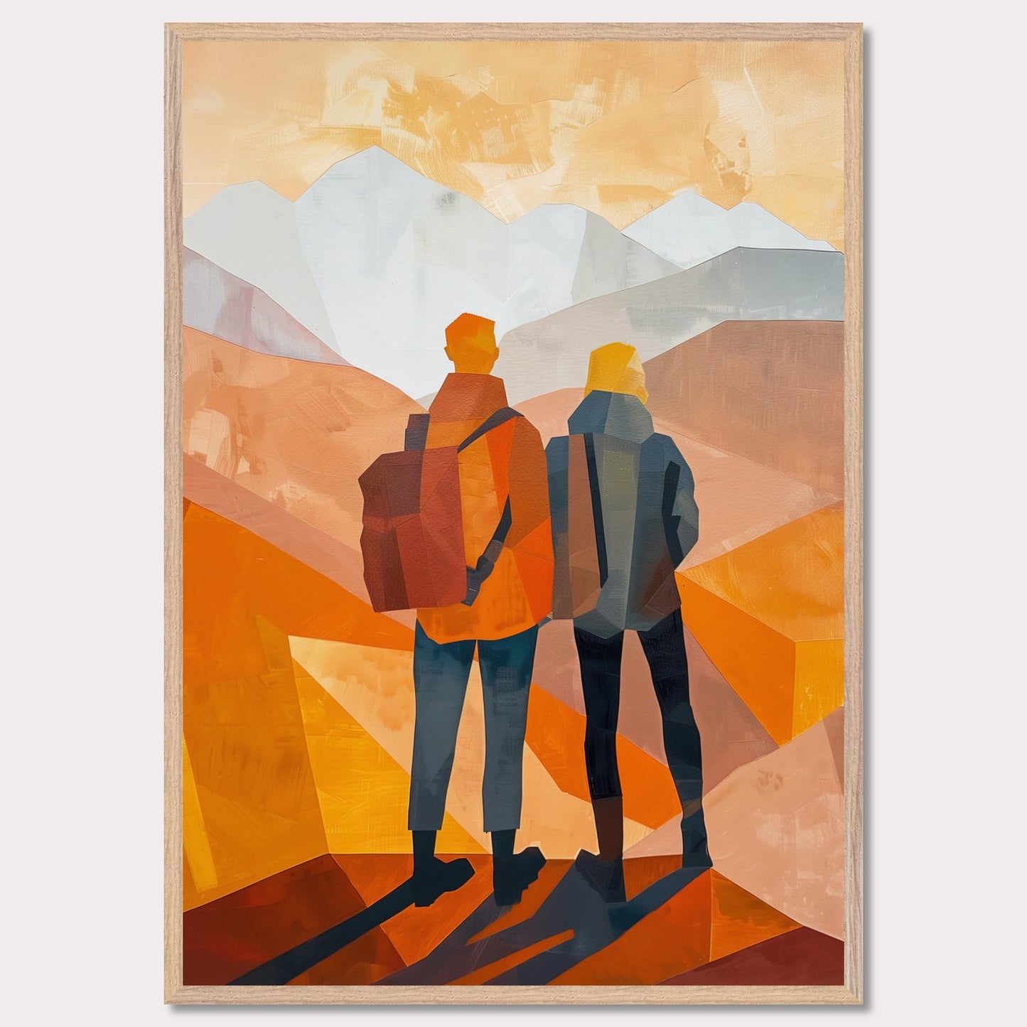 This illustration depicts two figures standing side by side, gazing at a mountainous landscape.
This poster would fit well in a living room, hallway, office, or any space that benefits from artistic and inspirational decor.