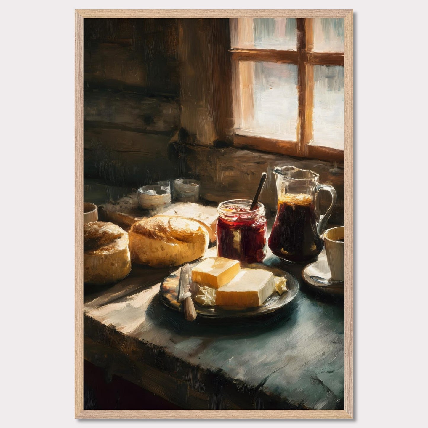 A rustic table holds fresh bread, butter, jam, and coffee beside a glowing window. Steam rises gently from the cup. This image is a quiet start, an ode to taste, ritual, and comfort.