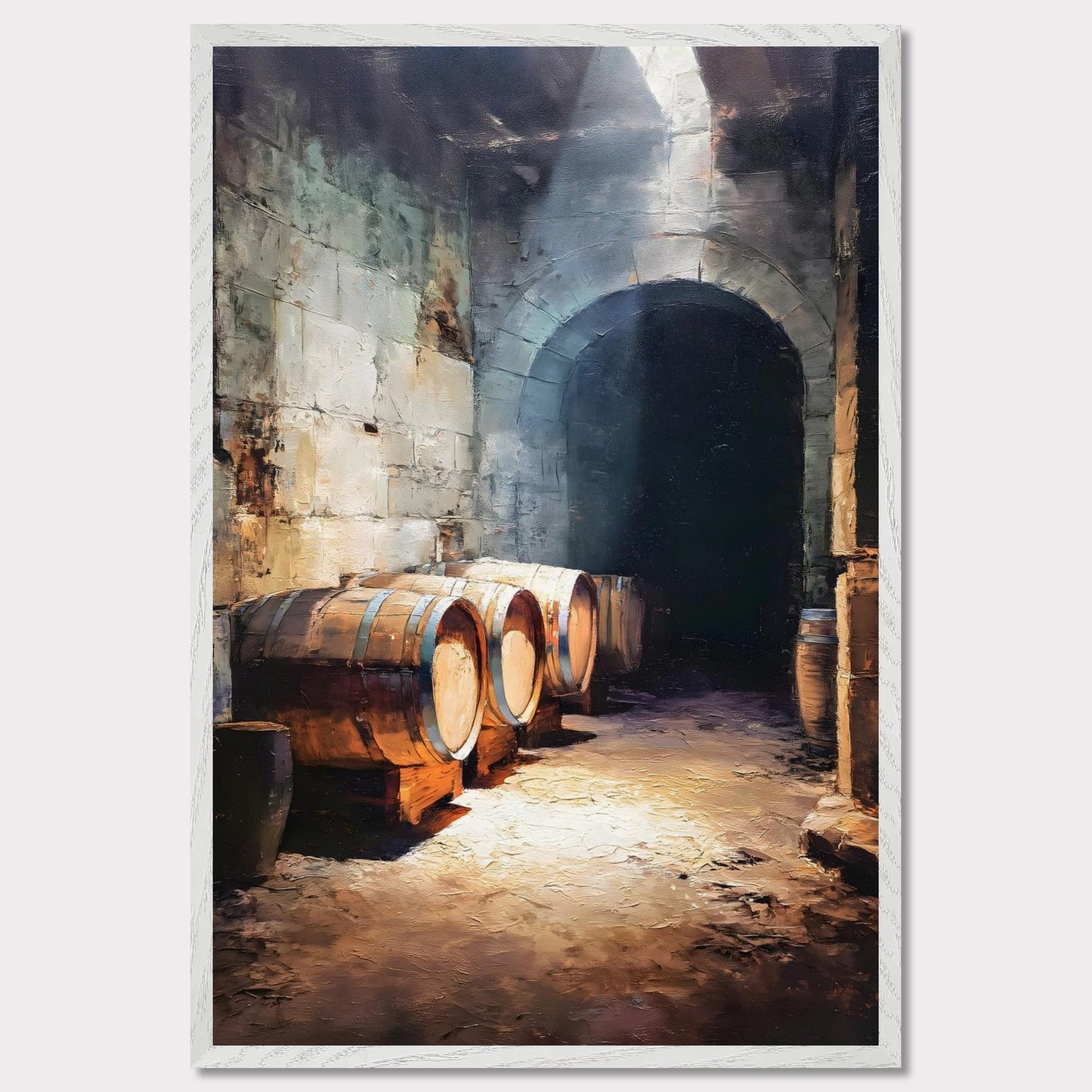 Wooden wine barrels line the stone walls of a cool alpine cellar, lit by a shaft of light from above. The silence is thick and cool. This image is a breath beneath the surface, an ode to age, earth, and time.
