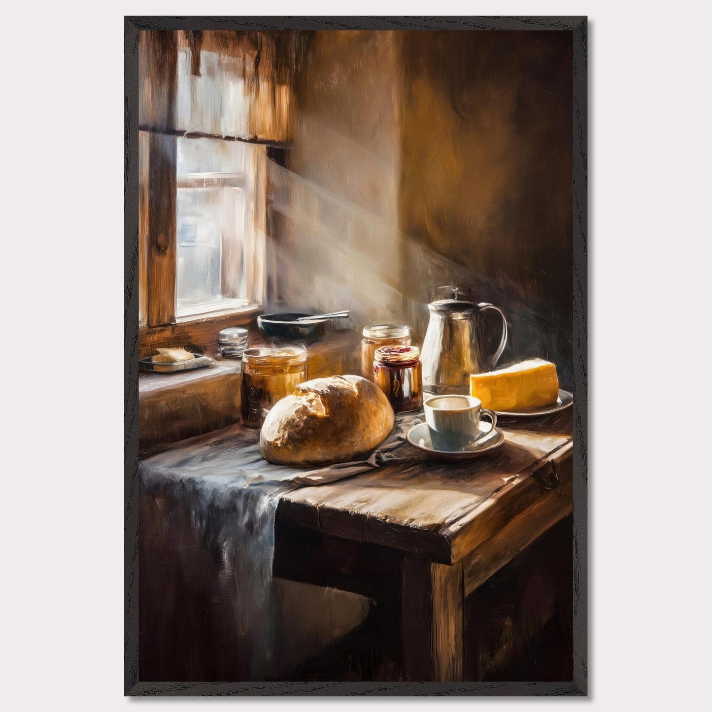 A shaft of morning light breaks across an old table set for one: bread, coffee, and preserves. The cloth catches its edge. This image is a sacred quiet, an ode to morning solitude and sun.