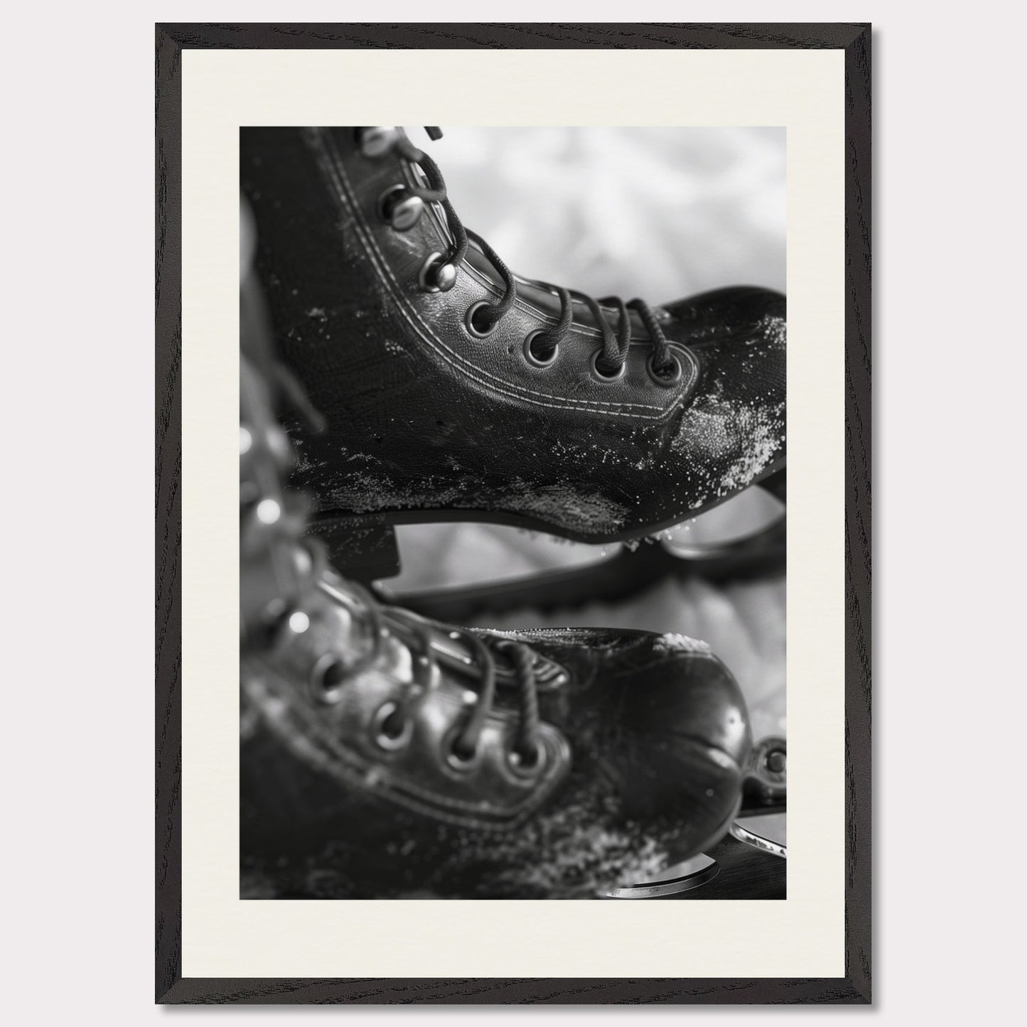 This illustration shows a close-up of a pair of ice skates with laces and blades, featuring a frosty texture. The black-and-white image captures the details of the skates, emphasizing their rugged and worn appearance.