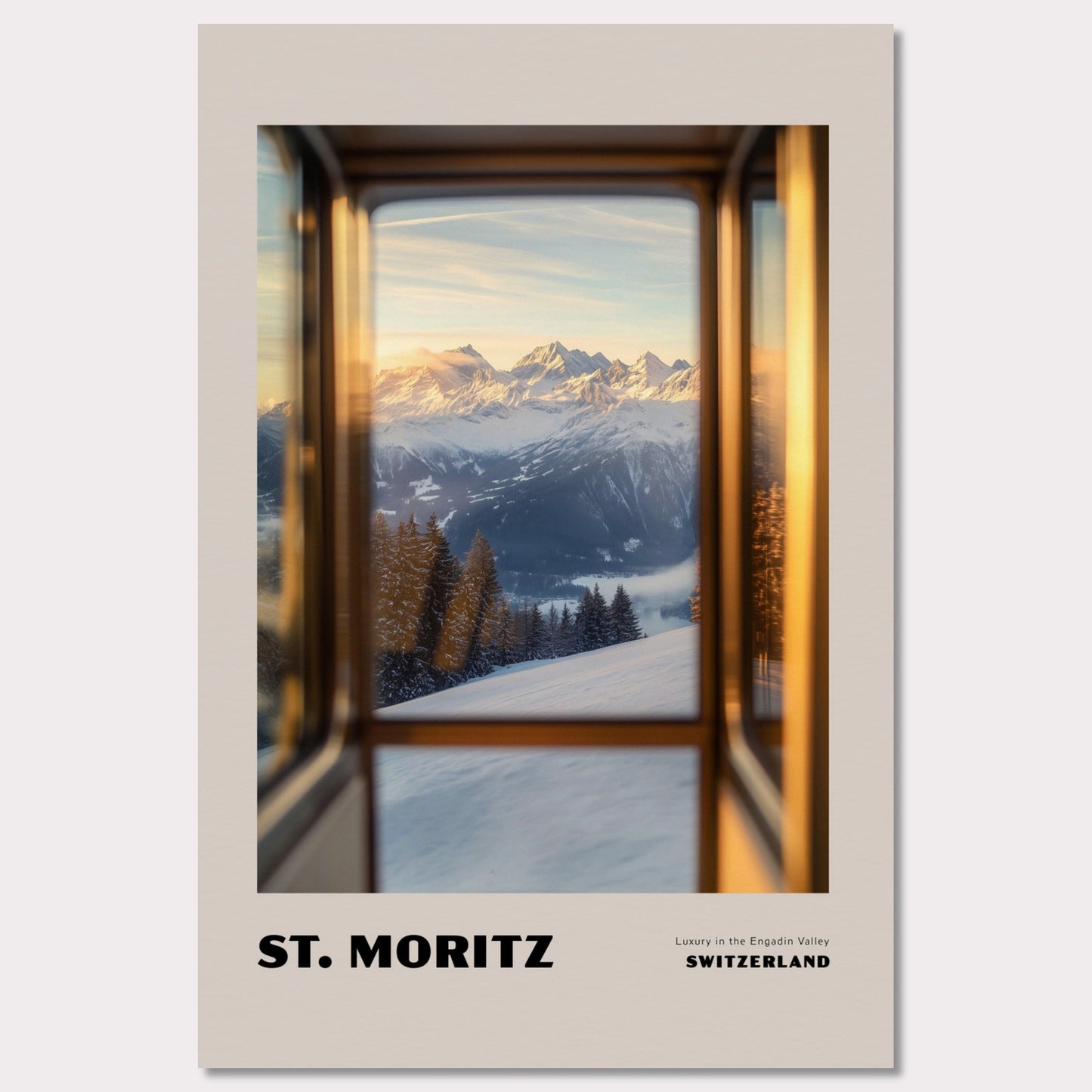Poster titled 'ST. MORITZ. Luxury in the Engadin Valley' from ArtDarts