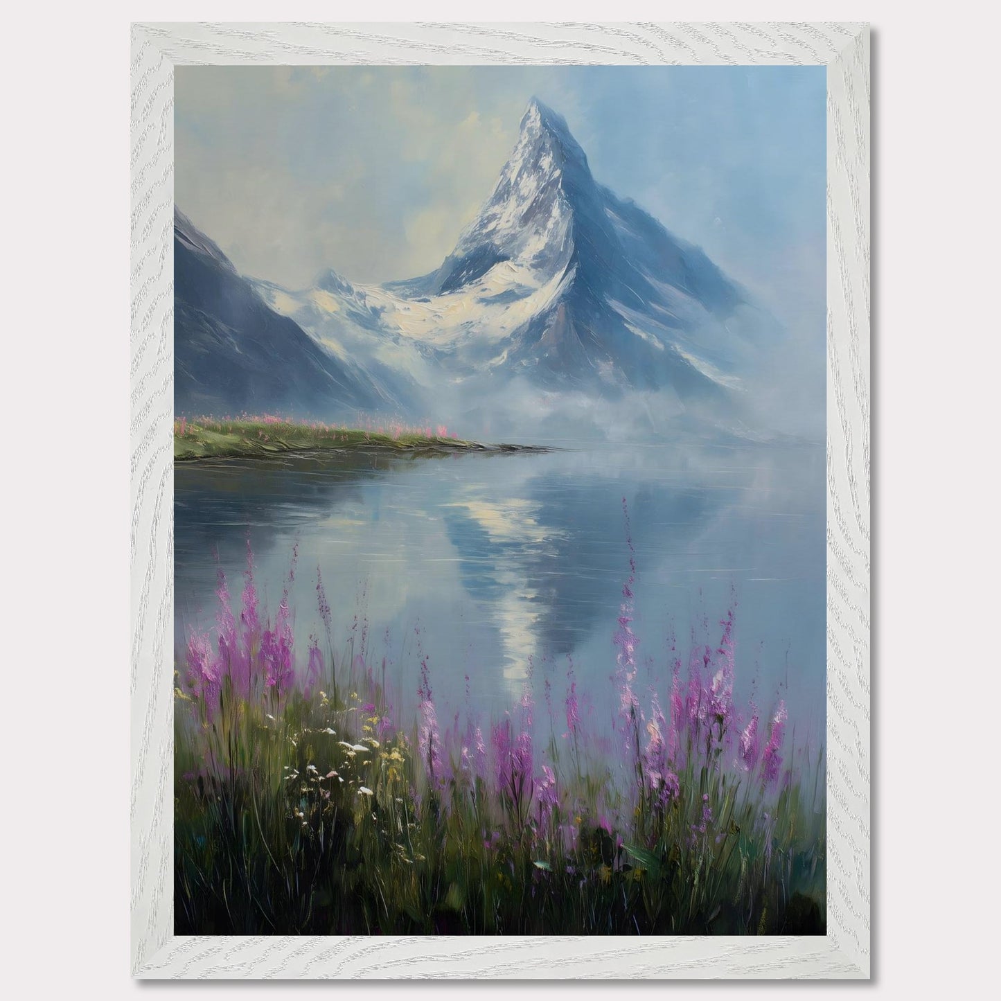 Snow-dusted Matterhorn rises over a lake fringed with fireweed in bloom. Reflections shimmer, colors merge in peace. This image is a mountain hush, an ode to bloom, ice, and awe.