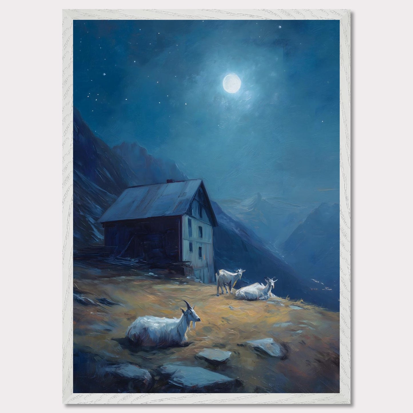 Under a deep blue sky scattered with stars, a mountain slope glows with soft amber light. Goats roam quietly near a rustic alpine hut. This is a portrait of calm routine under a grand sky — both humble and cosmic.