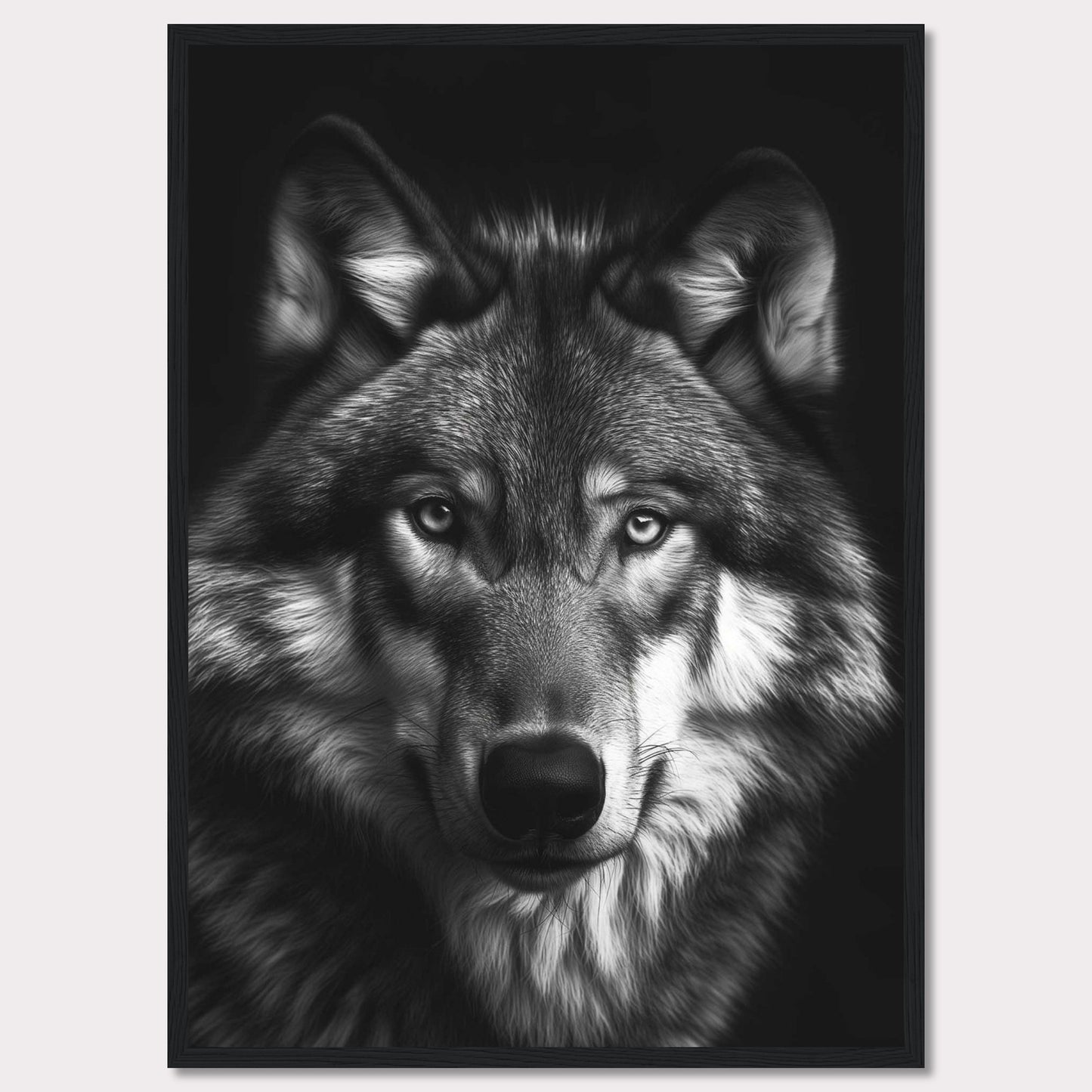 Immerse yourself in the captivating gaze of a majestic wolf with this stunning black and white portrait. The detailed fur, intense eyes, and powerful presence make this artwork a striking addition to any space.