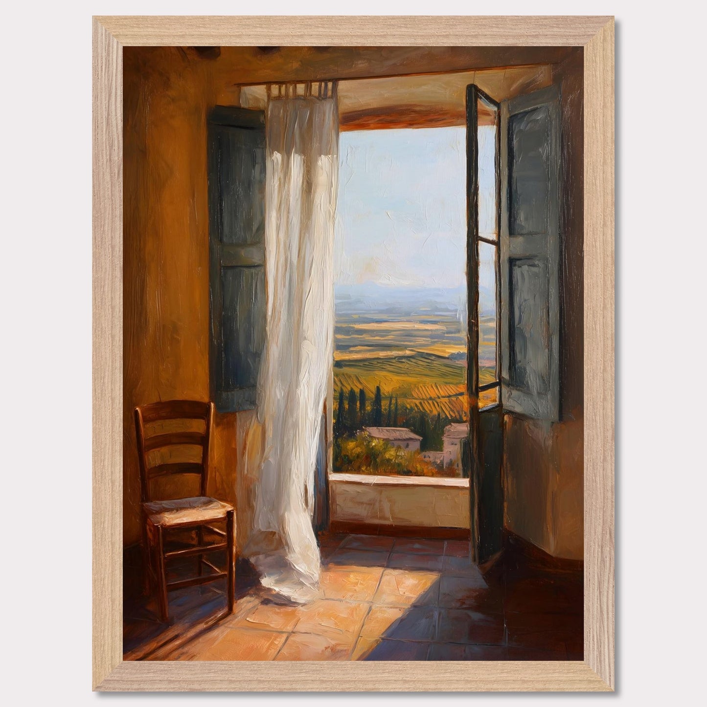 A sheer curtain lifts in warm air as golden vineyards unfold beneath a terracotta sill. A simple wooden chair waits in sunlit silence. This image is a breath of stillness, an ode to rhythm, warmth, and space.