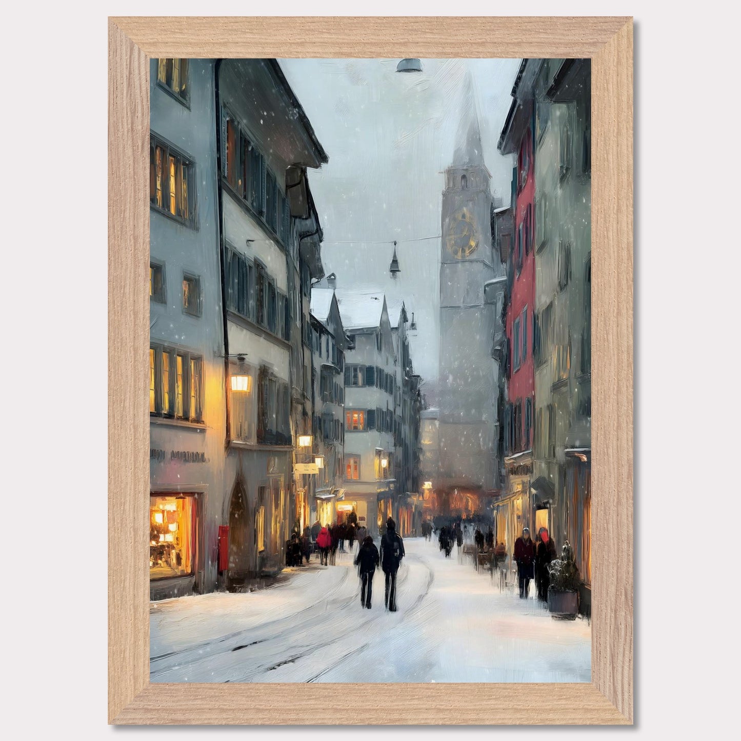 Snow falls gently between old town facades as people wander through glowing windows and quiet alleys. Time seems to slow. This image is a winter stroll, an ode to dusk, city calm, and warmth within.