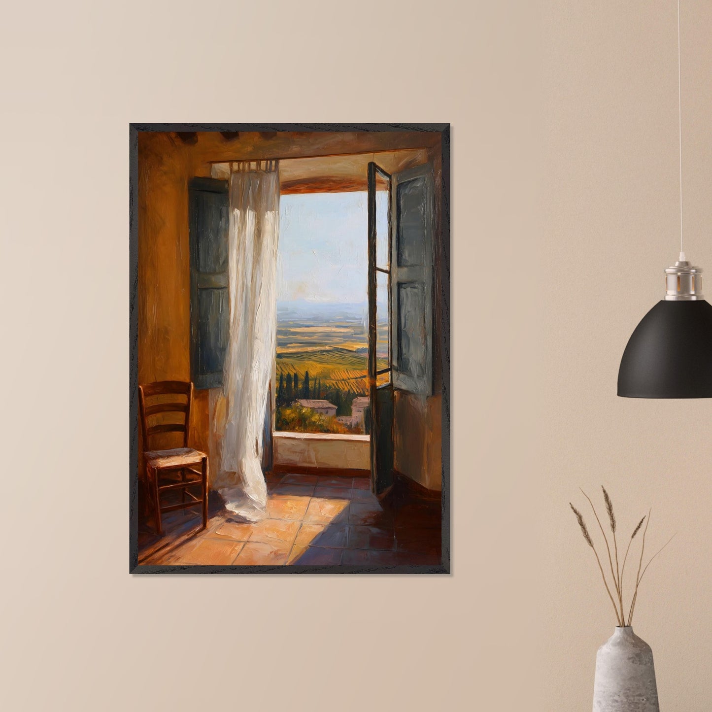A sheer curtain lifts in warm air as golden vineyards unfold beneath a terracotta sill. A simple wooden chair waits in sunlit silence. This image is a breath of stillness, an ode to rhythm, warmth, and space.