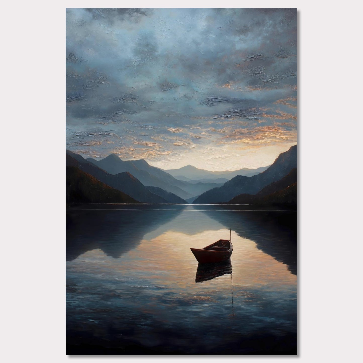 A single red boat floats gently on a vast, darkening lake as mountains fade into layered blues. The sunset brushes the clouds and water with soft amber and grey. A perfect study in stillness, solitude, and awe.
