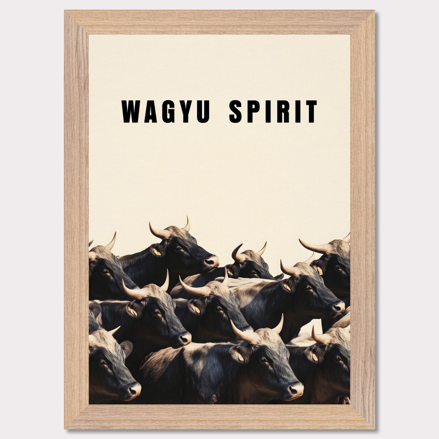 This illustration shows a group of black cattle with horns, set against a light background. The text "WAGYU SPIRIT" is prominently displayed at the top.
This poster will fit well in a kitchen, dining area, restaurant, or any space related to food and culinary arts.