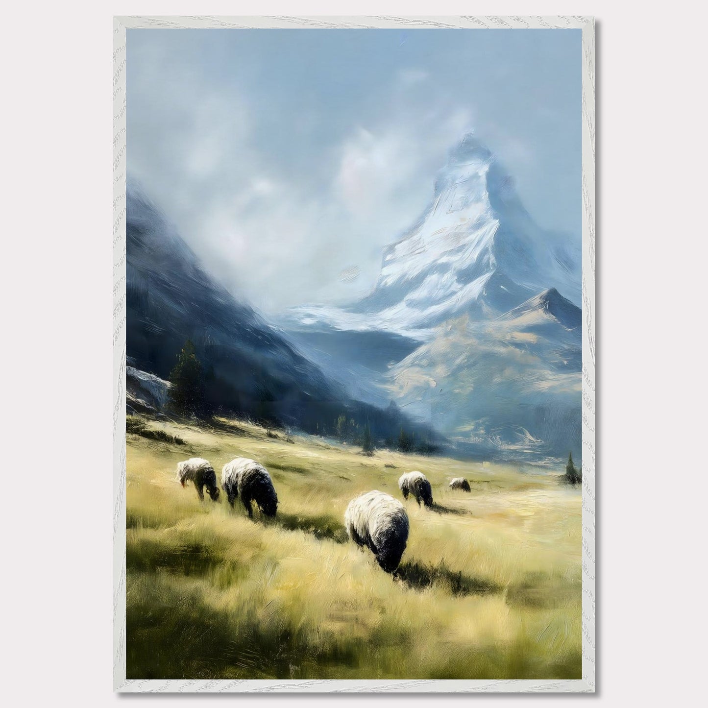 In the shadow of the Matterhorn, sheep graze peacefully on sunlit fields. This pastoral scene blends the grandeur of the Alps with the charm of rural life. The softness of the animals and golden grass contrasts beautifully with the snow-covered majesty above.