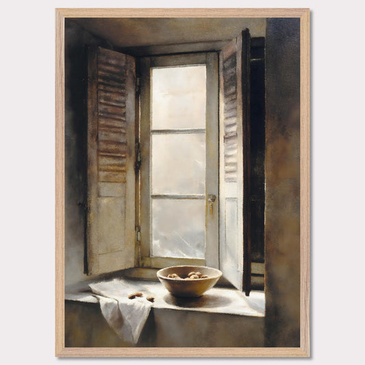 Golden light streams through an old shuttered window, catching the edge of a ceramic bowl filled with walnuts. A linen cloth rests gently nearby, suggesting quiet hands and slow mornings. This image is domestic poetry — a tribute to texture, stillness, and time.
