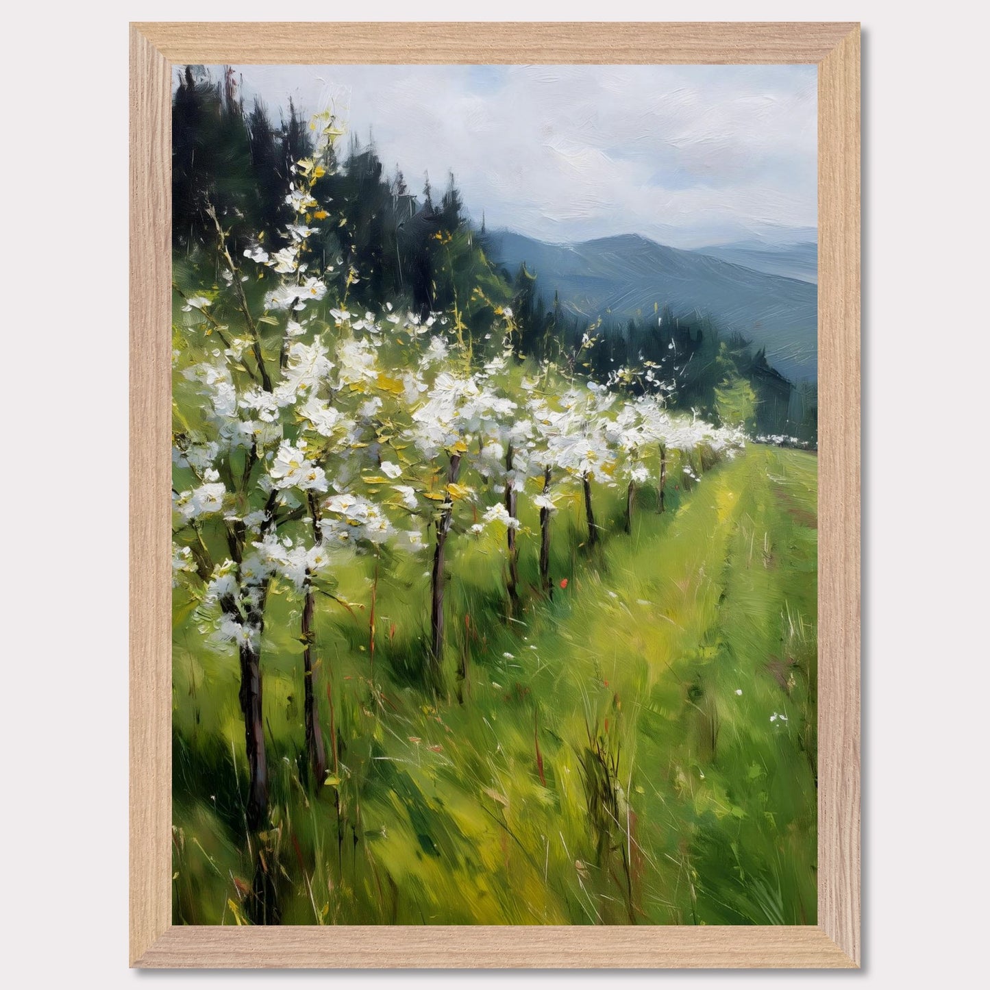 Blossoming trees line a sloped meadow, shining with spring energy. Their petals catch the light like snowflakes, while behind them rise forested hills and soft mountain silhouettes. The air feels fresh, alive, and full of renewal.