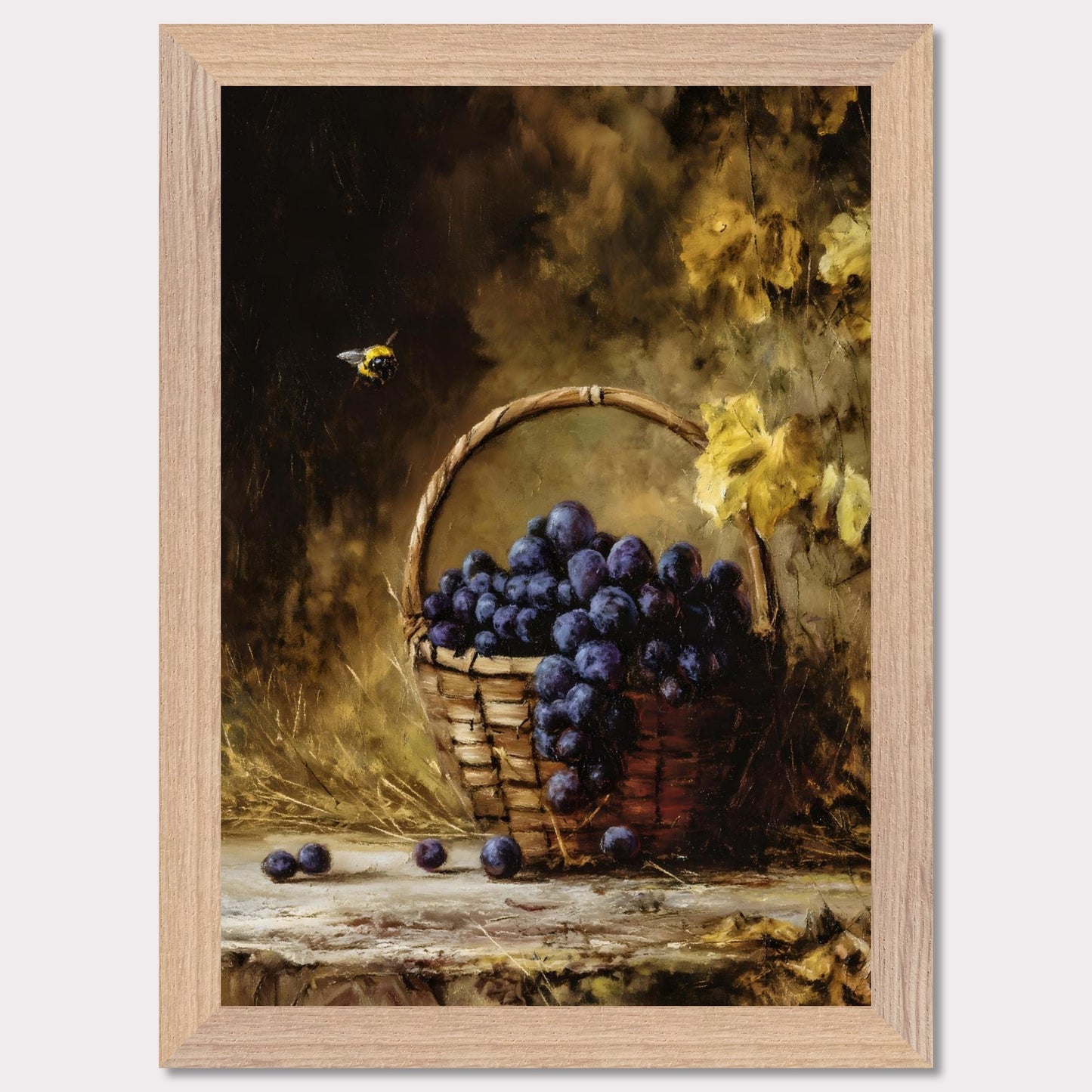 A basket overflows with deep purple grapes, a bee caught mid-hover. The scene glows with golden hues, evoking the fullness of autumn’s gift. This is the moment right before the feast — abundant, still, and honey-warm.