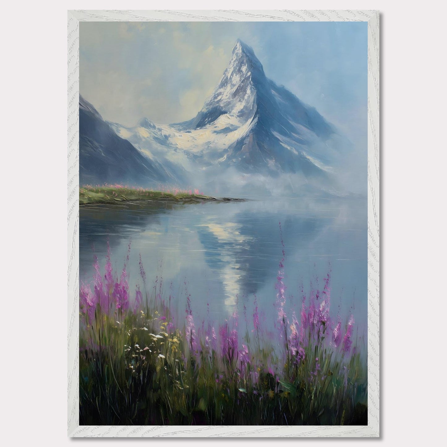 Snow-dusted Matterhorn rises over a lake fringed with fireweed in bloom. Reflections shimmer, colors merge in peace. This image is a mountain hush, an ode to bloom, ice, and awe.