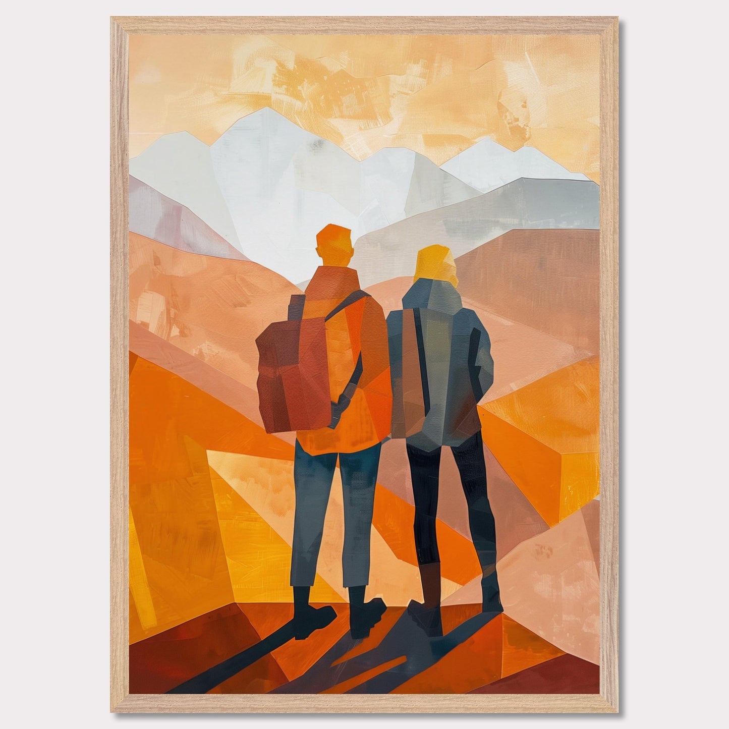 This illustration depicts two figures standing side by side, gazing at a mountainous landscape.
This poster would fit well in a living room, hallway, office, or any space that benefits from artistic and inspirational decor.