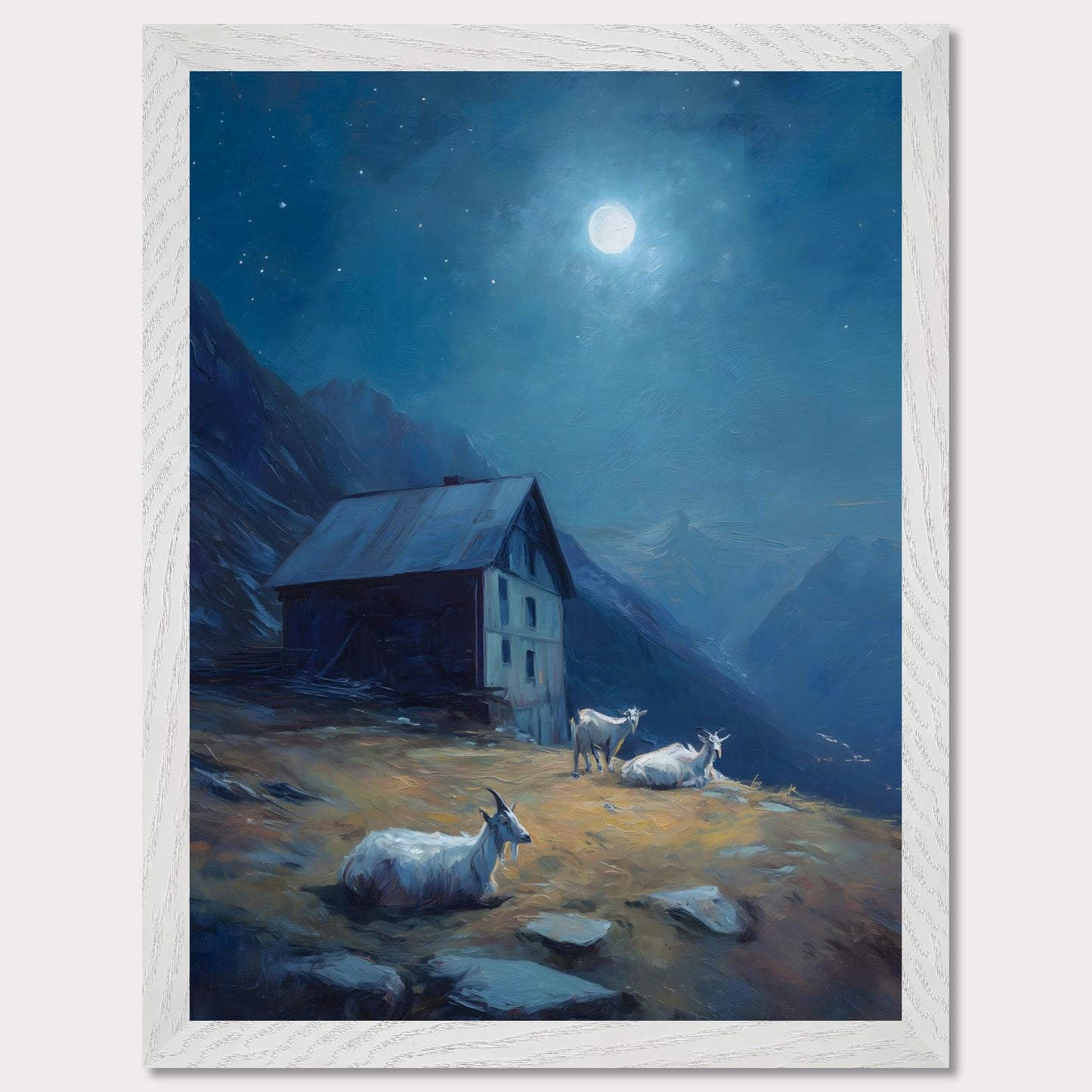Under a deep blue sky scattered with stars, a mountain slope glows with soft amber light. Goats roam quietly near a rustic alpine hut. This is a portrait of calm routine under a grand sky — both humble and cosmic.