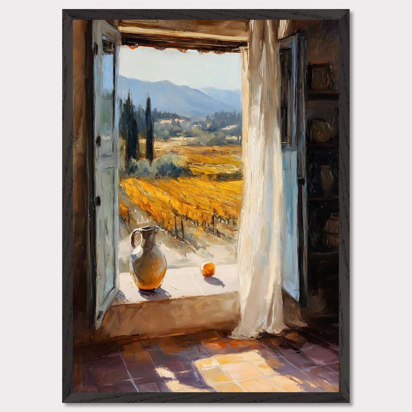 An open shutter reveals golden rows of vineyard glowing in afternoon light. A jug and fruit rest on the sill, as if waiting for someone to return. This image is a sunlit breath, an ode to harvest, pause, and place.