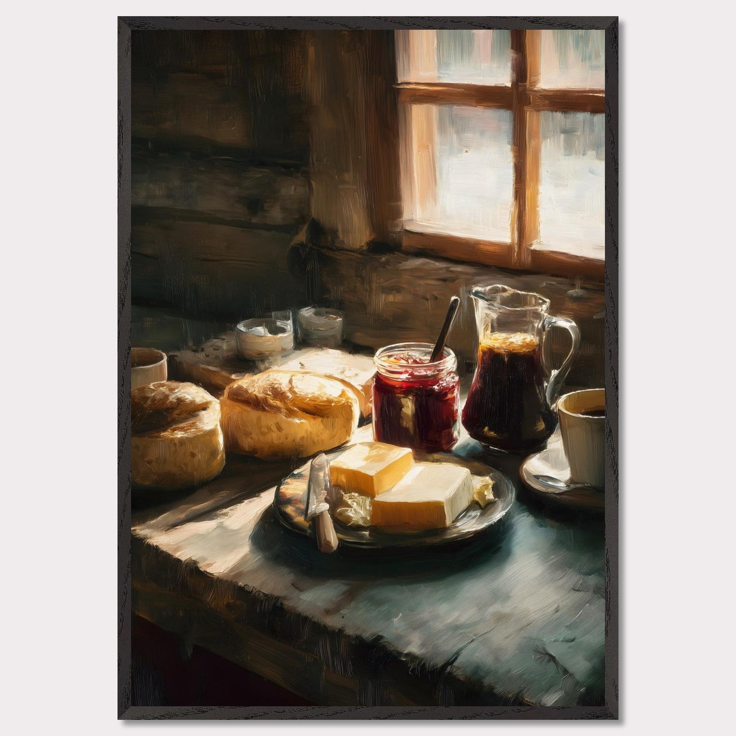 A rustic table holds fresh bread, butter, jam, and coffee beside a glowing window. Steam rises gently from the cup. This image is a quiet start, an ode to taste, ritual, and comfort.