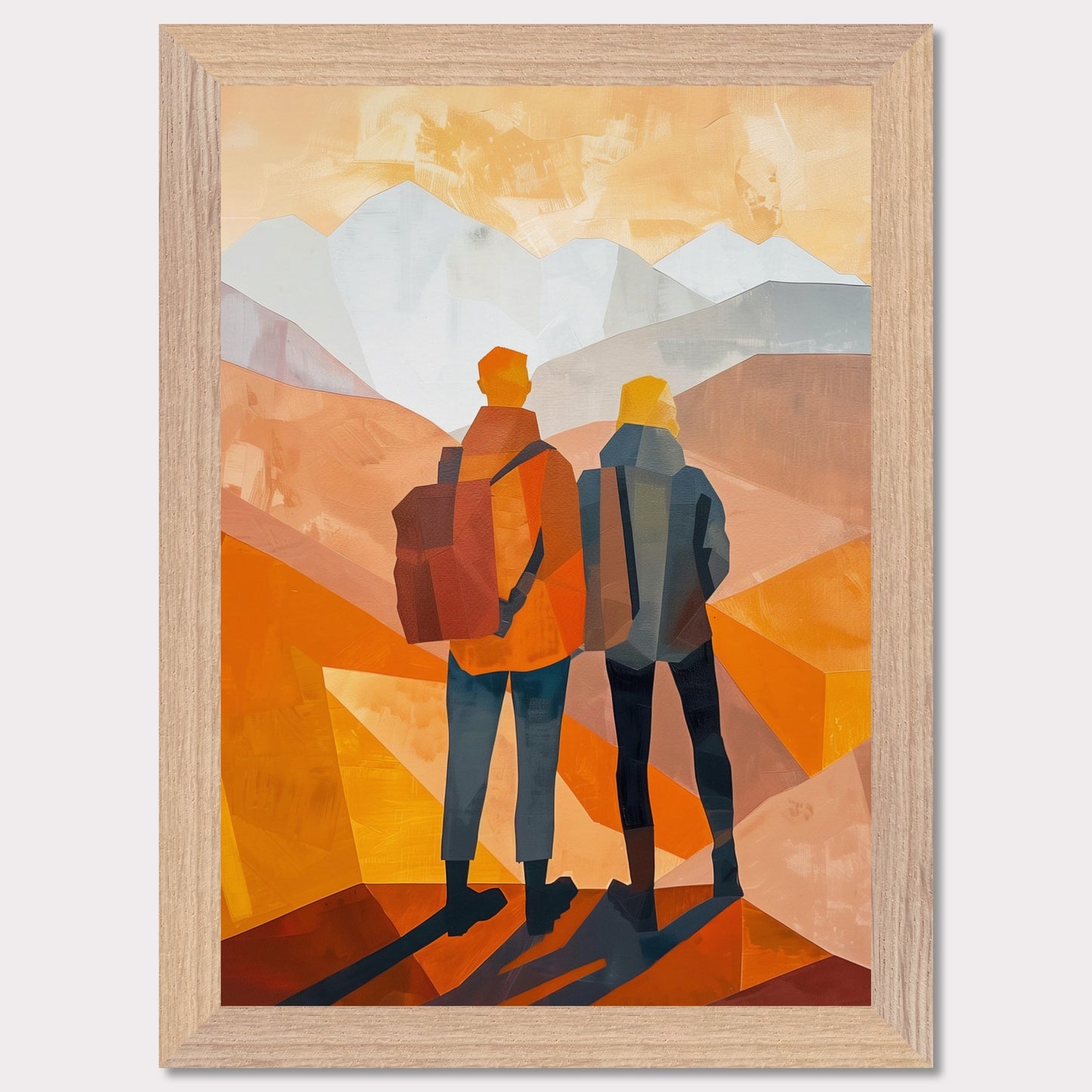 This illustration depicts two figures standing side by side, gazing at a mountainous landscape.
This poster would fit well in a living room, hallway, office, or any space that benefits from artistic and inspirational decor.