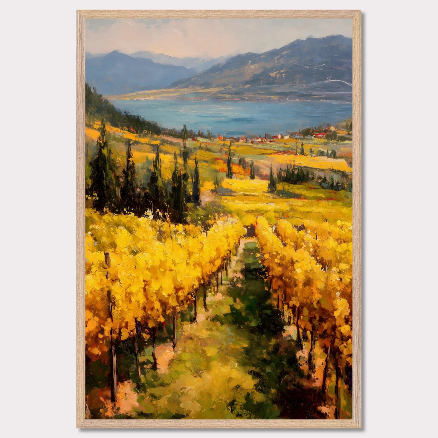A row of sunlit grapevines leads into rolling fields above the lake. Cypress trees and red roofs add rhythm to the patchwork. This image is a painter’s geometry, an ode to land, season, and order.