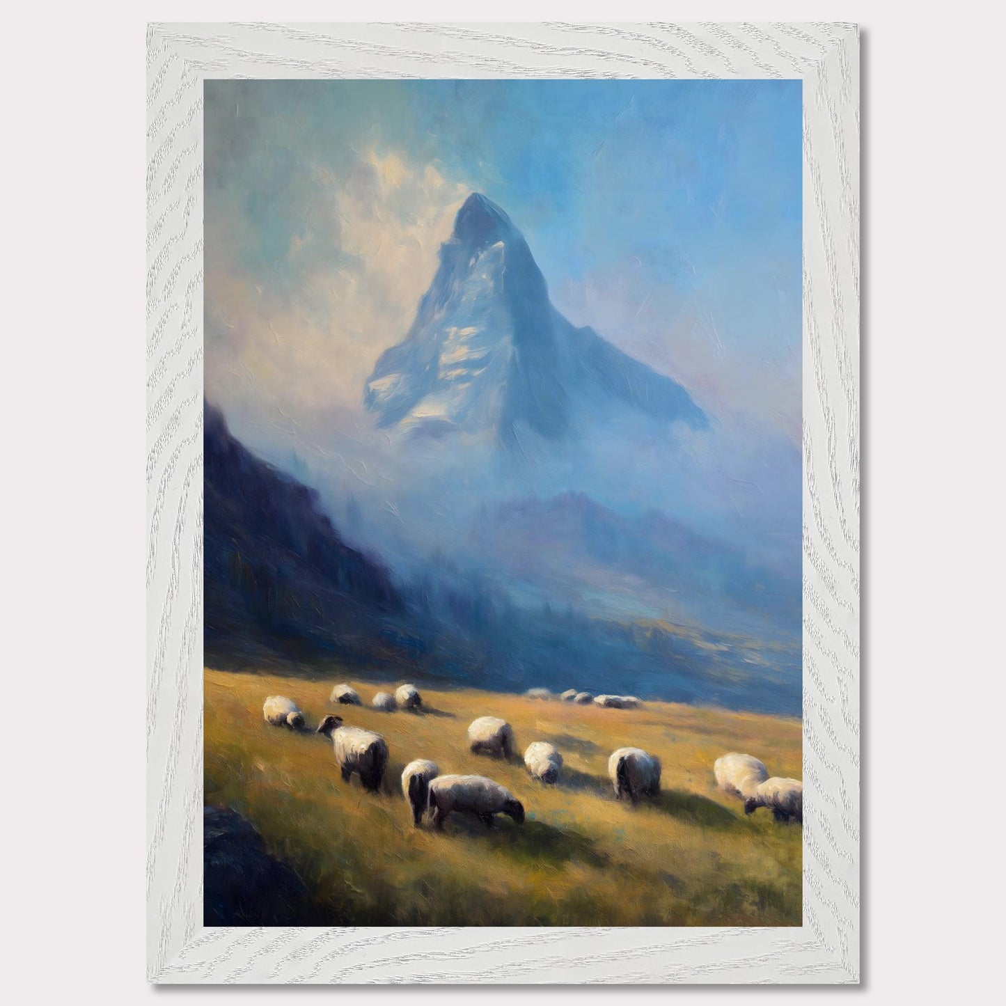 A flock grazes in soft alpine grass as the blue-shadowed Matterhorn rises beyond. Mist curls through the valley’s hush. This image is a gentle morning, an ode to scale, quiet, and presence.