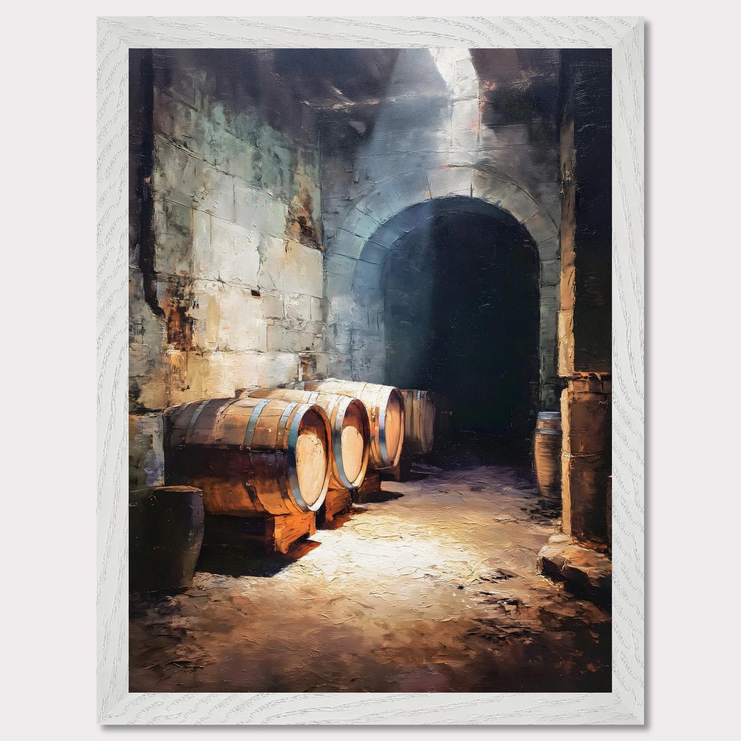 Wooden wine barrels line the stone walls of a cool alpine cellar, lit by a shaft of light from above. The silence is thick and cool. This image is a breath beneath the surface, an ode to age, earth, and time.