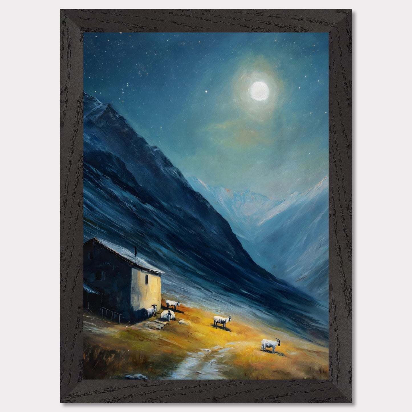 Nestled between dramatic cliffs, a single farmhouse glows under a sky heavy with storm and sun. The valley holds its breath — clouds swirl above while the earth remains grounded, golden, and still. This is a refuge at the edge of wildness.