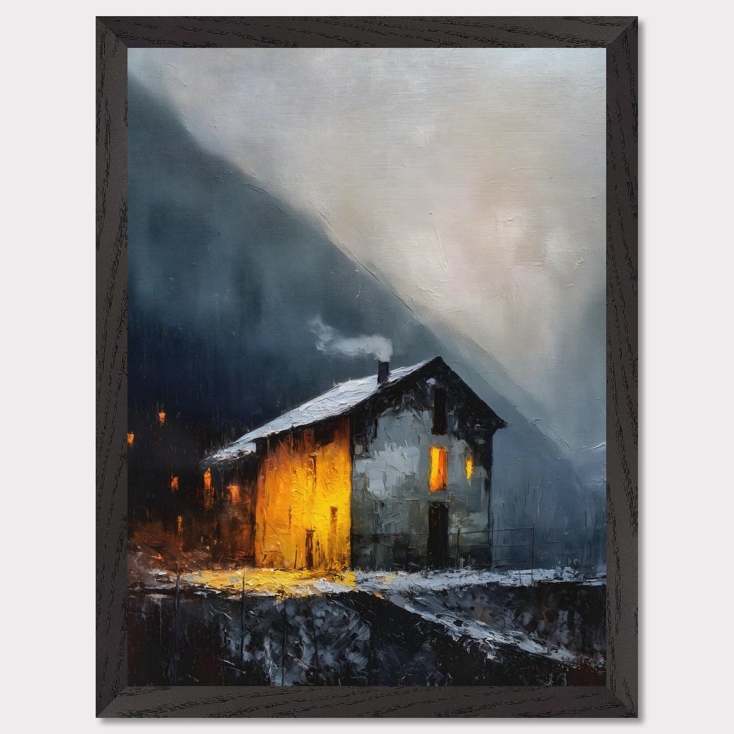 A lone alpine house burns golden against a dark and stormy backdrop. Snow lies quietly on the ground, while inside, a hearth glows with defiance and warmth. It’s a scene of refuge, strength, and a reminder that warmth is made, not found.