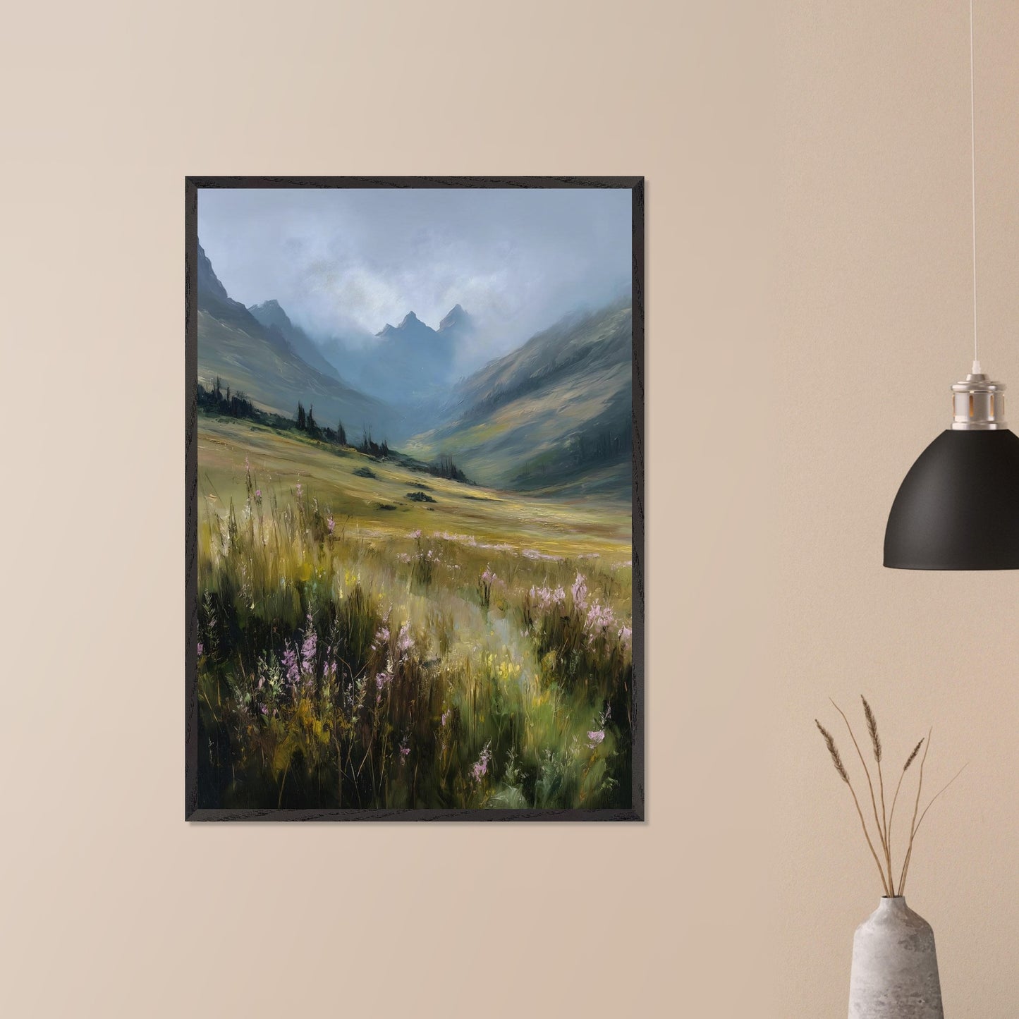 A field of tall alpine grass and soft purple blooms unfolds into misty blue peaks. There's no sign of movement, only the gentle hush of nature breathing. The scene is vast, untamed, and filled with the quiet promise of summer in the highlands.