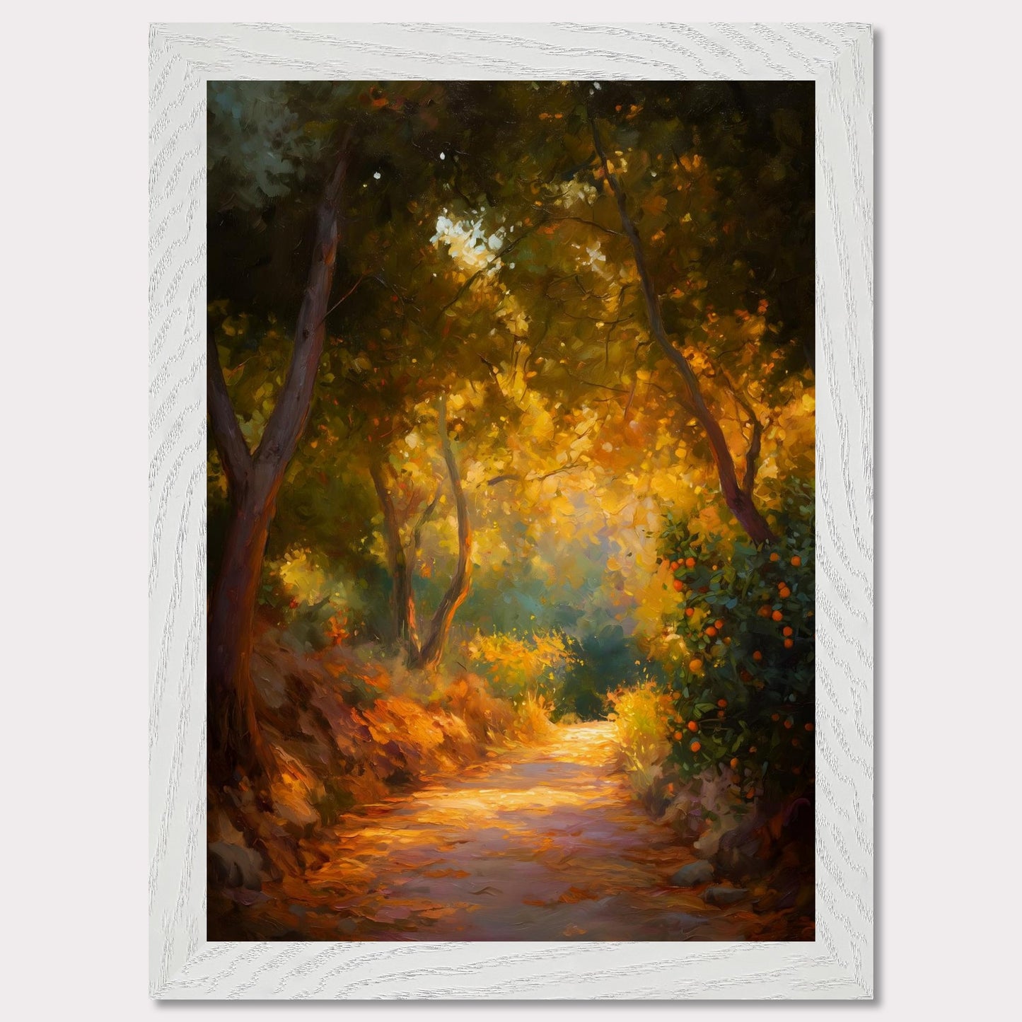 Golden leaves and oranges glow in a forested bend, where light pours through branches onto a dusty path. The trees seem to lean in to listen. This image is a slow walk, an ode to scent, light, and memory.