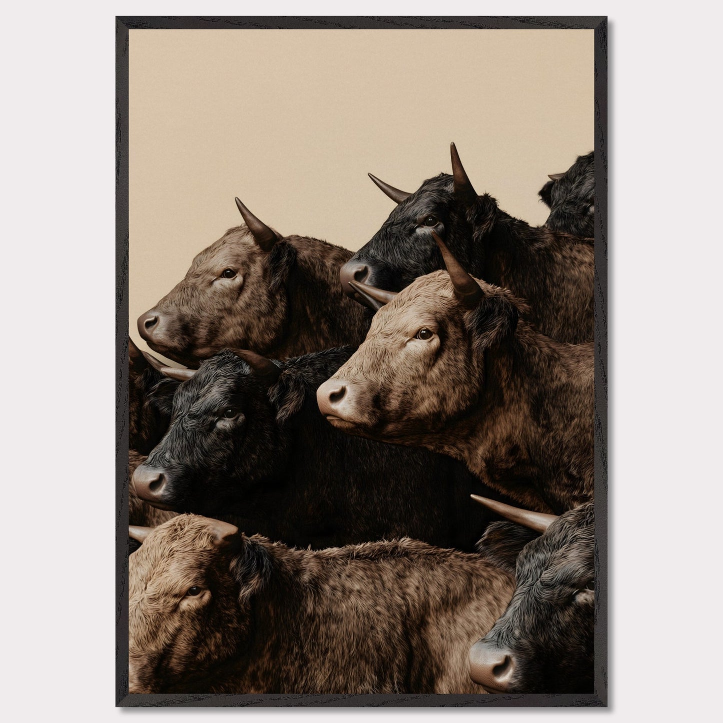 This illustration depicts a group of oxen with varying shades of brown and black fur, closely packed together against a plain beige background.
This poster will fit well in rustic or farmhouse-style interiors, animal-themed spaces, or art collections focusing on wildlife.